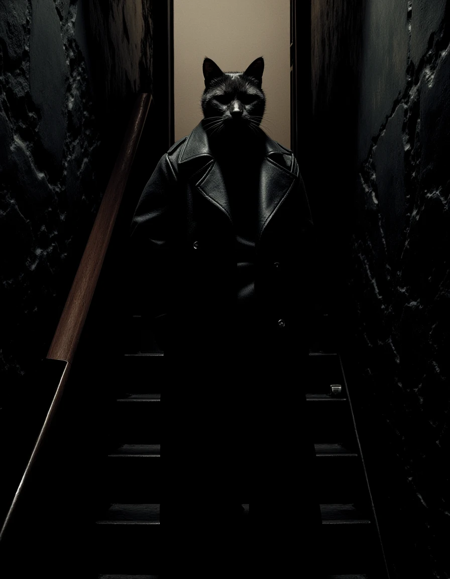 <lora:the-punisher-max-style-flux-000007:1> punishmax, a cat wearing a trenchcoat, is standing in a dim lit stairway