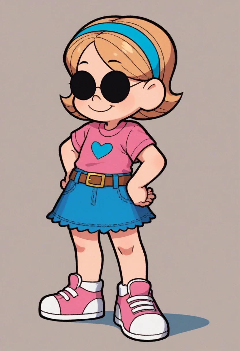 dorinha, 1girl, short hair, shirt, skirt, short sleeves, hairband, shoes, glasses, belt, blue skirt, sunglasses, denim, sneakers, pink shirt, round eyewear, pink footwear, brown belt, blue hairband, denim skirt,