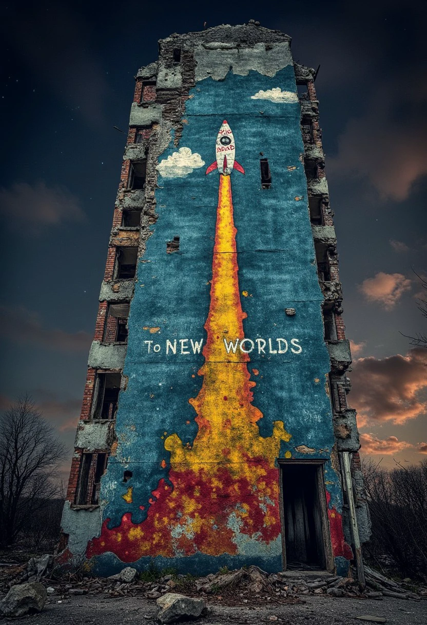 Photograph of an abandoned high-rise building against a deep night sky. The facade is decaying, with broken bricks and shattered windows, while stones have fallen from the crumbling surface. A striking, weathered graffiti of a rocket is painted on the wall, soaring upward. The rocket, though faded and peeling, carries a powerful sense of aspiration, with the words 'to new worlds' faintly visible beneath it. The vibrant colors of the graffiti seem almost surreal, blending seamlessly into the dark sky. Only the chipped paint and crumbling stones hint at its age, while the rocket’s ascent suggests a journey beyond, evoking hope and the possibility of escape. The surreal merging of the graffiti with the night sky creates an atmosphere of departure toward new horizons.