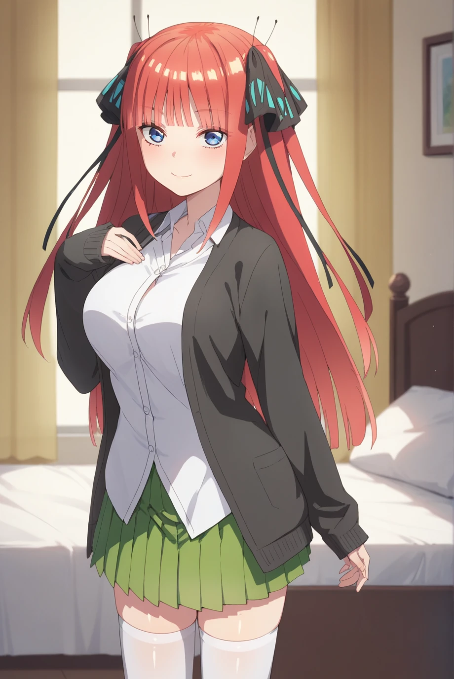 score_9, score_8_up, score_7_up, score_6_up, score_5_up, score_4_up, BREAK source_anime, 1girl, solo,
<lora:NakanoNinoXL-v1-07:0.7>, ChopioNino, long hair, red hair, shiny hair, blunt bangs, black ribbon, hair ribbon, blue eyes, looking at viewer,
large breasts,
outfit_1, black cardigan, open cardigan, white shirt, collared shirt, sleeves past wrists, green skirt, pleated skirt, zettai ryouiki, white thighhighs,
bedroom, standing, seductive smile,