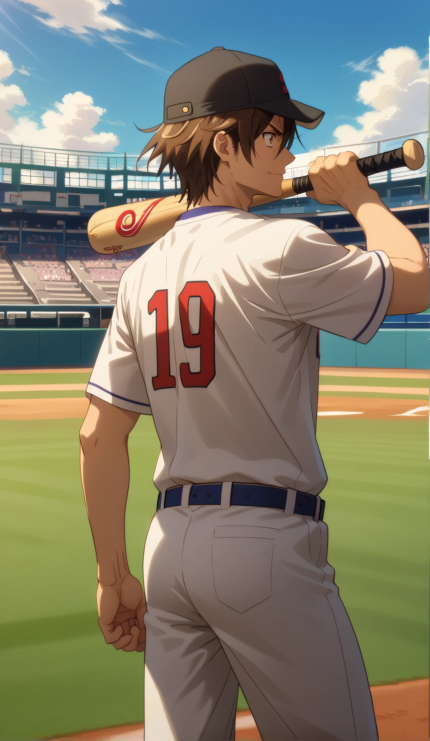 score_9, score_8_up, score_7_up, mature male, looking ahead, cowboy shot, from behind, 
<lora:Takashi_Komuro_Dwnsty:1>, takashi_komuro, brown hair, brown eyes, hair between eyes, short hair, baseball cap, baseball uniform, 
light smile, smirk, throwing, hand up, holding weapon, baseball bat, weapon over shoulder, 
outdoors, grass, blue sky, baseball stadium, stadium,