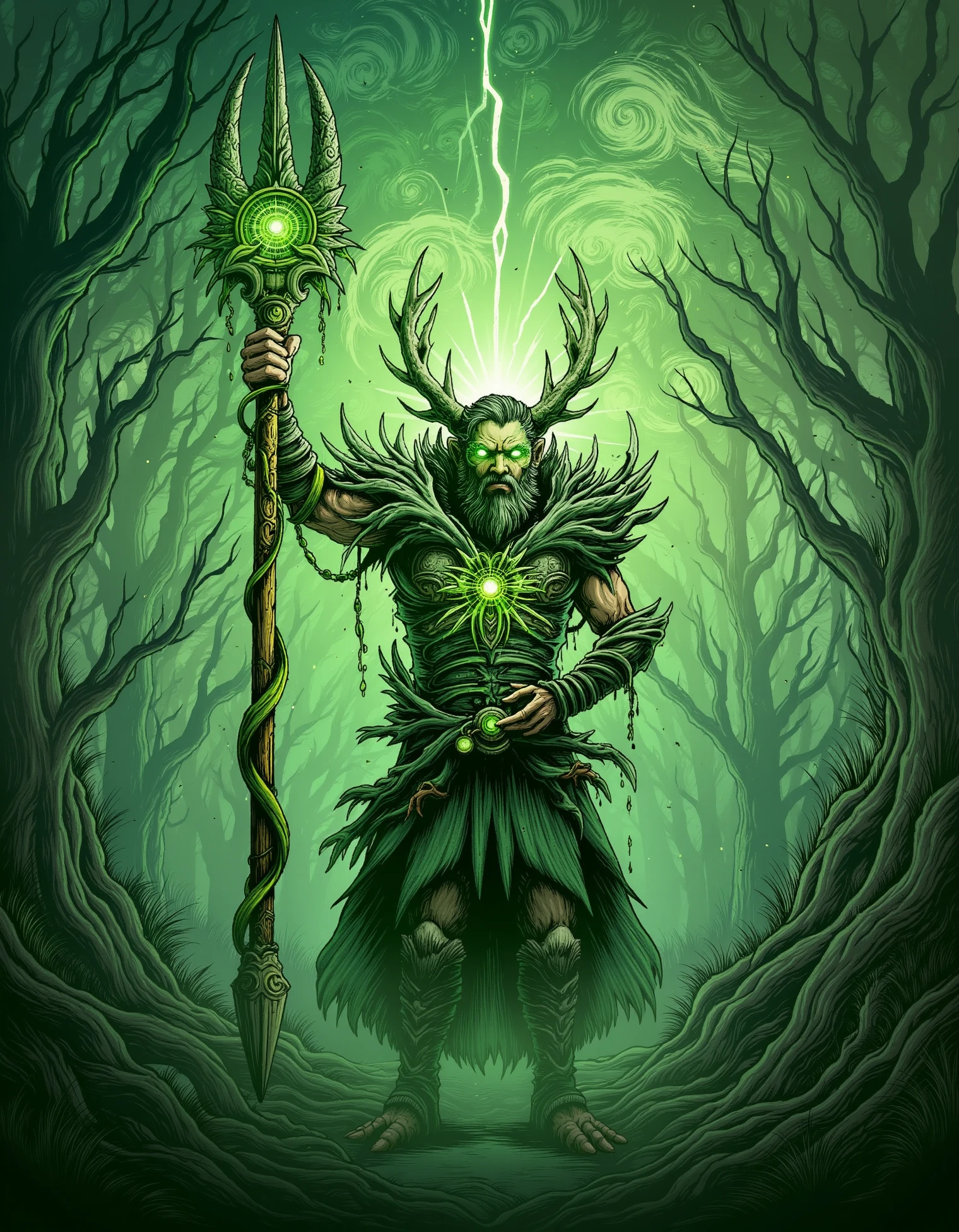 zavy-fltlnpnt, A druid, with antlers crowning his head and vines entwined around his staff, stands in the heart of an ancient forest. His eyes glow with green energy as he raises his staff, summoning a massive storm with swirling clouds, lightning, and torrents of rain. The earth around him responds, with roots and plants erupting from the ground to protect him. In the background, massive ancient trees bow in respect to their protector