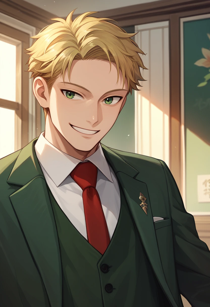 score_9, score_8_up, score_7_up, 1boy, loid forger, blonde hair, short hair, green eyes, collared shirt, red necktie, green jacket, white shirt, suit, formal, long sleeves, vest, <lora:LoidForgerTwilight_pdxl_Incrs_v1:1>, cowboy shot, smile, happy, solo,