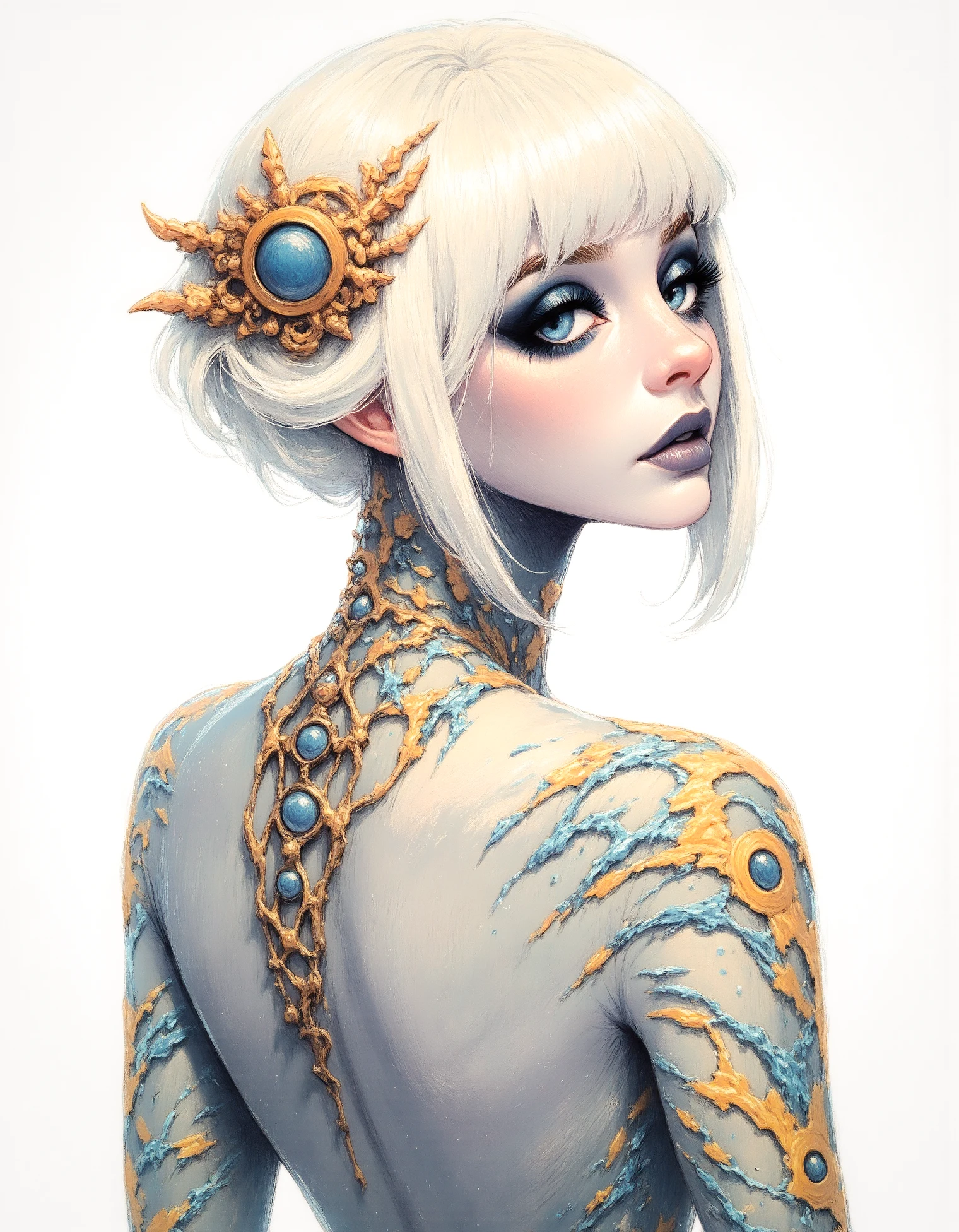 zavy-blckpnt, watercolor style,a hand-drawn sketch and watercolor style,dark,intense opalescent inlay style, A medium shot of a female cyborg with alabaster skin and platinum blonde hair, adorned with an intricate, gilded headpiece. The image exudes hyperrealistic detail, showcasing the juxtaposition of delicate features and intricate mechanical augmentations. Focus on the cyborg's melancholic gaze, directed slightly upwards, hinting at a subtle longing or introspection. Emphasize the contrast between the smooth, porcelain-like texture of her skin and the cold, metallic precision of her cybernetic enhancements, particularly the intricate network of wires and gears that snake across her back and around her right arm. Utilize a soft, ethereal lighting scheme to highlight the subject's beauty and enhance the otherworldly atmosphere. The background should be stark white, providing a clean, clinical backdrop that further accentuates the cyborg's presence