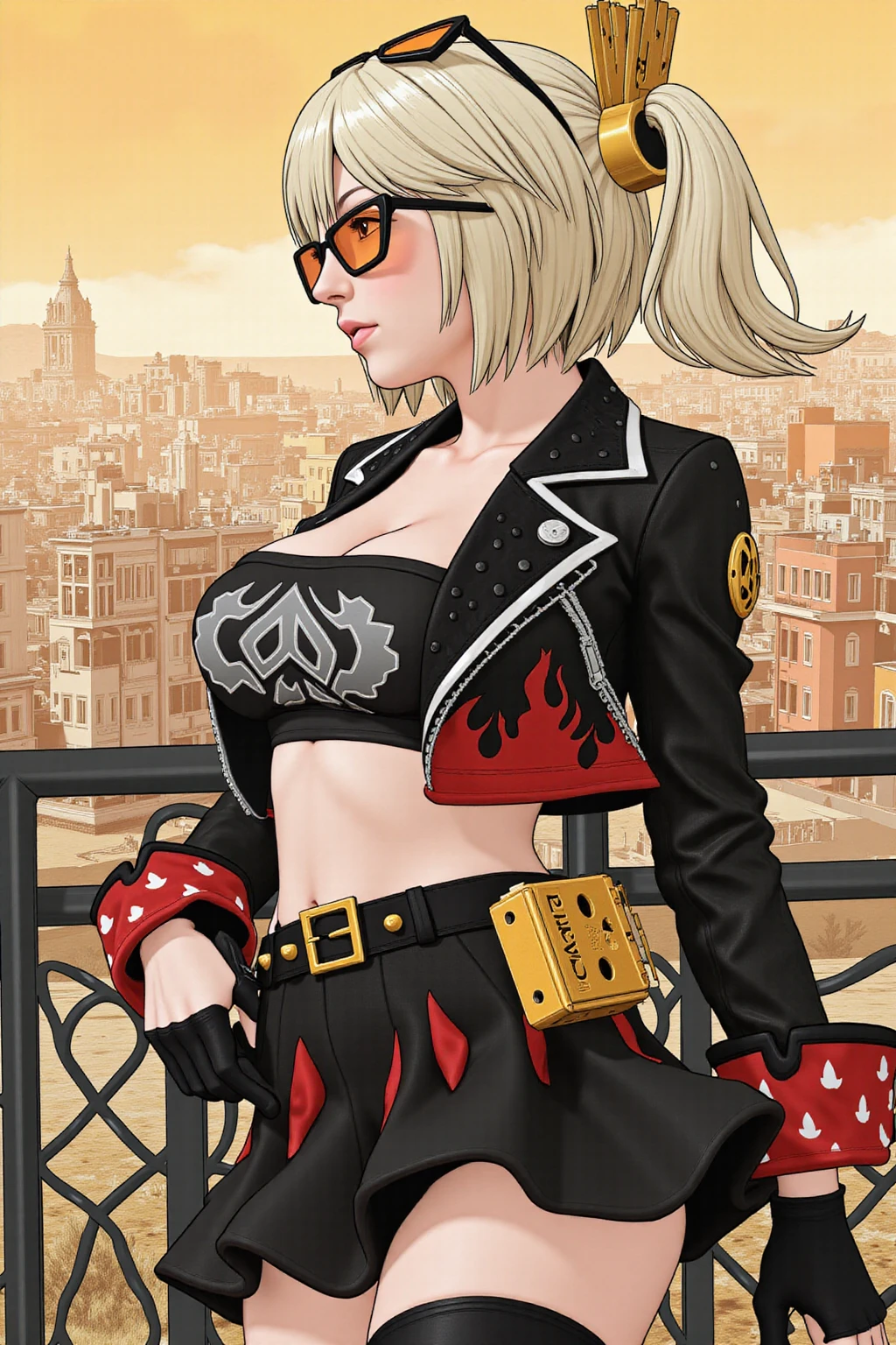 Mature Woman, Mature Female, Mature Adult Woman, Burnice, Burnice White, Burnicewhite, Zenless Zone Zero, high quality, extremely detailed, videogame style, anime style, cell shaded, 

Looking Off Into The Distance

Orange eyes, Eyewear on head, Sunglasses, Orange-tinted eyewear, Bangs, Blonde hair, Short hair, Short twintails, Twintails, Two side up, Hair ornament, Jacket, Black jacket, Leather jacket, Cropped jacket, Crop top, Tube top, Strapless, Midriff, Cleavage, Navel, Skirt, Black skirt, Pleated skirt, Microskirt, Miniskirt, Black thighhighs, High heel boots, Thigh strap, Black gloves, Fingerless gloves, Belt, Wrist cuffs, Spiked bracelet, Spikes, 

A background featuring a City, Desolation, Post-Apocalyptic, Chaotic and Barren Aesthetic, Desert, Industrial themes, rundown, lawless