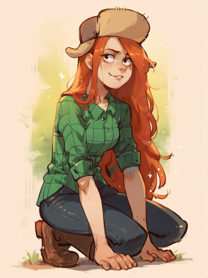 score_9, score_8_up, score_7_up, score_6_up, score_5_up,   <lora:WendyCXLP:1> wendyc, 1girl, solo, long hair, orange hair, hat, shirt, pants, freckles, boots, kneeling, curvy,