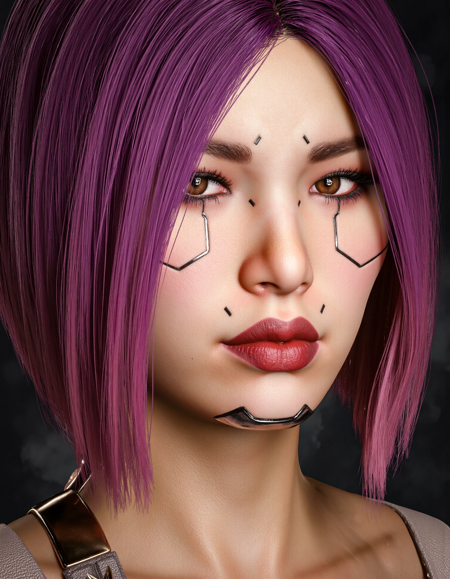 zavy-sngbrd-flx, sngbrd-chrm, a gorgeous young woman, dark red lipstick, smokey eyes make-up, brown eyes, purple short hair style, extreme close-up face view, cyberware