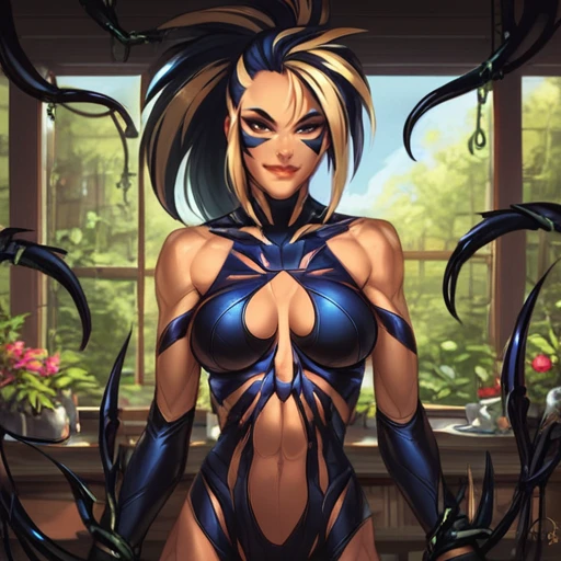 Akali sits on the counter. ASCII Busty, score_9, score_8_up, score_7_up, score_7, score_6_up, small breasts, skinny, innocent, pleased, looking at viewer, character portrait, kda_akali, fit, kitchen, daytime, flowers,WOS_blackcat,torso,symbiote, tentacles, tendrils, webs, transformation<lora:Web_of_Shadows_black_cat:.95> <lora:PulenKompot-Ganassa Style-PonyXL:1>