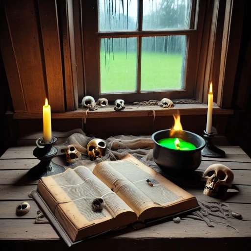 kitchen dresser in background with skulls books and strange items on, wooden table old and dusty dirty window in background with cobwebs, black cauldron filled with green liquid and unknown things floting inside on top of cracked wooden table, Old wooden table against a window, fat lit candle in candle holder in front of open black book with gothic writing and mystic symbols, large rat looking at book paws resting on pages, black cauldron with burning orange liquid in making wooden wall glow behind it