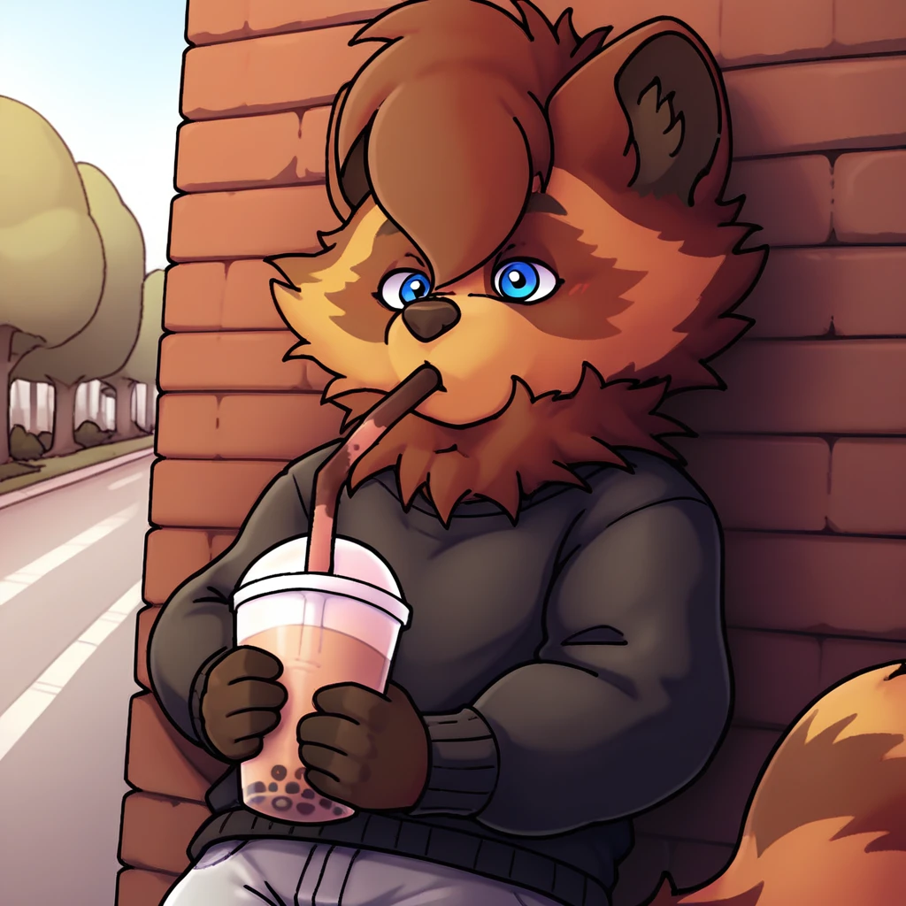 score_9_up, score_8_up, score_7_up, source_furry, silver.exe, blue eyes, brown fur, raccot, black sweater, gray shorts, holding, bubble tea, park