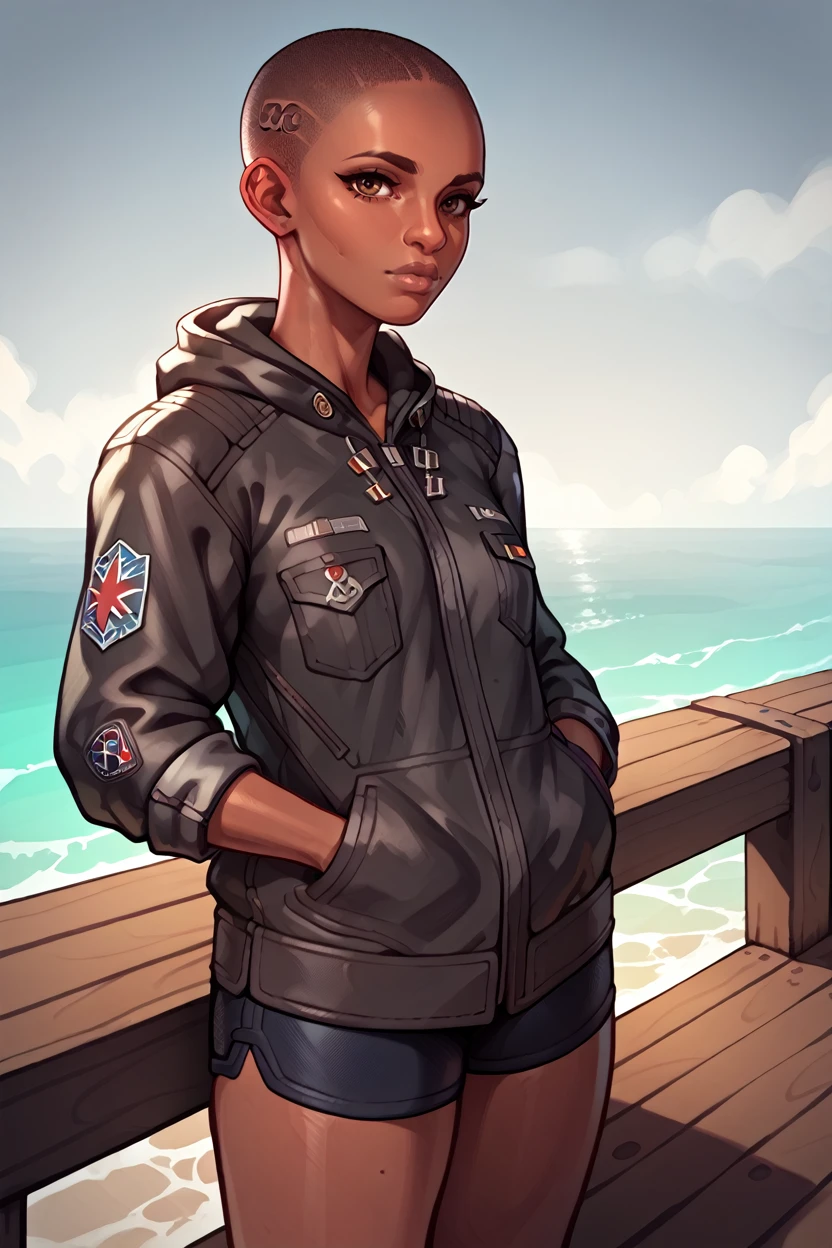 score_9, score_8_up, score_7_up, score_6_up
<lora:CyberTBug:0.8>
CyberTBug, 1girl, dark skin, buzz cut, brown eyes, looking at viewer, standing on a pier, looking out at the ocean, hands in pockets, overcast sky with hints of sunlight breaking through, calm and introspective atmosphere