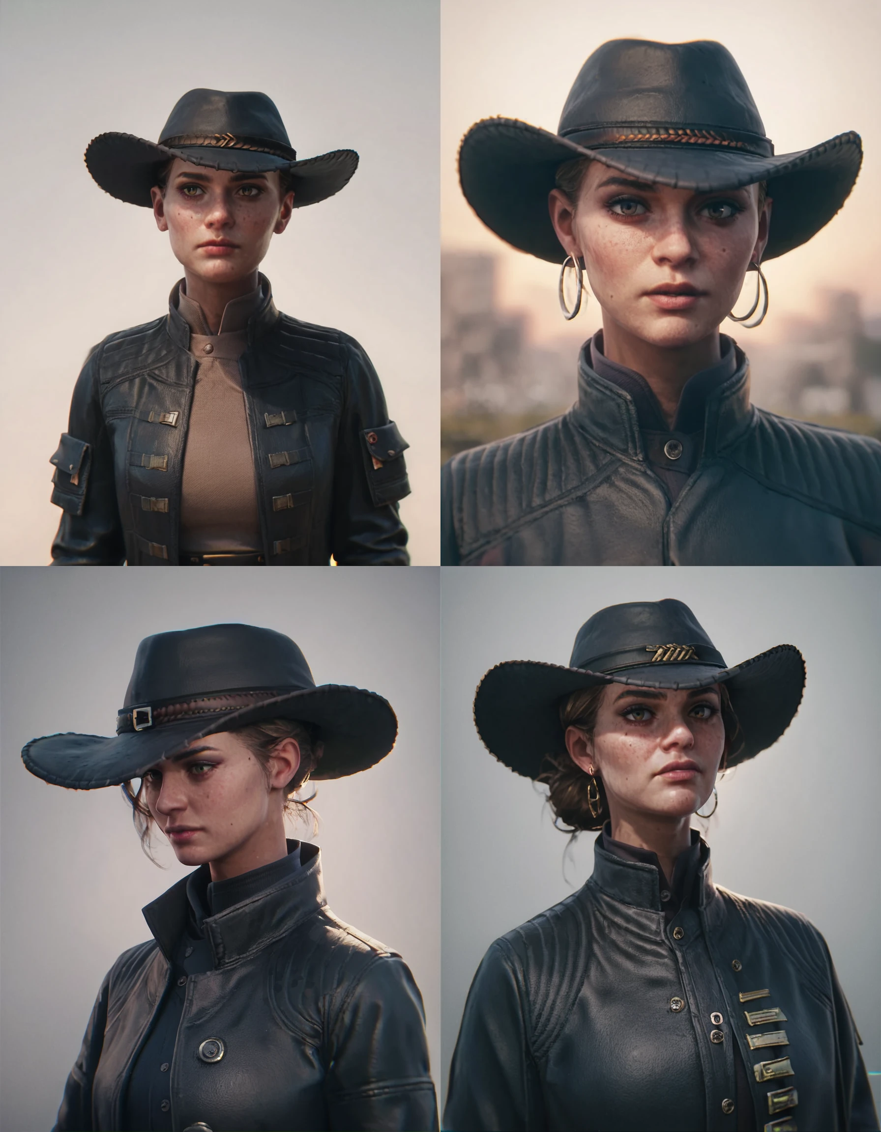 <lora:the_outer_worlds_xr_v1.0:0.7> score_9, score_8_up, score_7_up, grace, woman, black jacket, hat