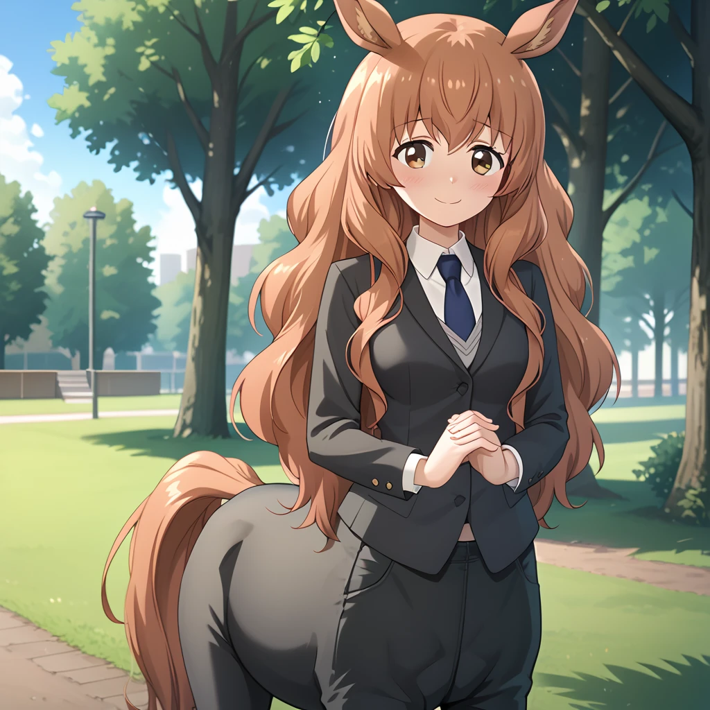 score_9, score_8_up, score_7_up, 1girl, solo, uncensored, himenokimihara, centaur, hooves, (black pants:2), long brown hair, blue necktie, black vest, long sleeves, school uniform, smile, closed mouth, shy, blush, own hands together,  looking at viewer, dutch angle,  outdoors, park, trees, grass  <lora:HimenoKimiharaXL_v1.0:1>