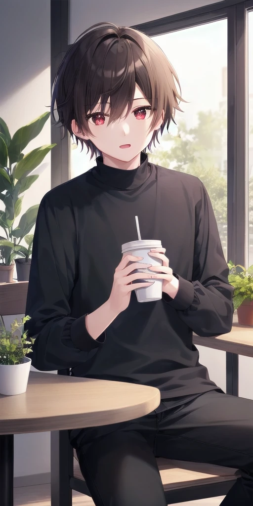 1boy, male_focus, solo, brown_hair, sitting, indoors, plant, cup, looking_at_viewer, pants, shirt, chair, black_pants, holding, open_mouth, bangs, potted_plant, disposable_cup, short_hair, blue_shirt, brown_eyes, holding_cup, long_sleeves, hair_between_eyes, table, window, red_eyes