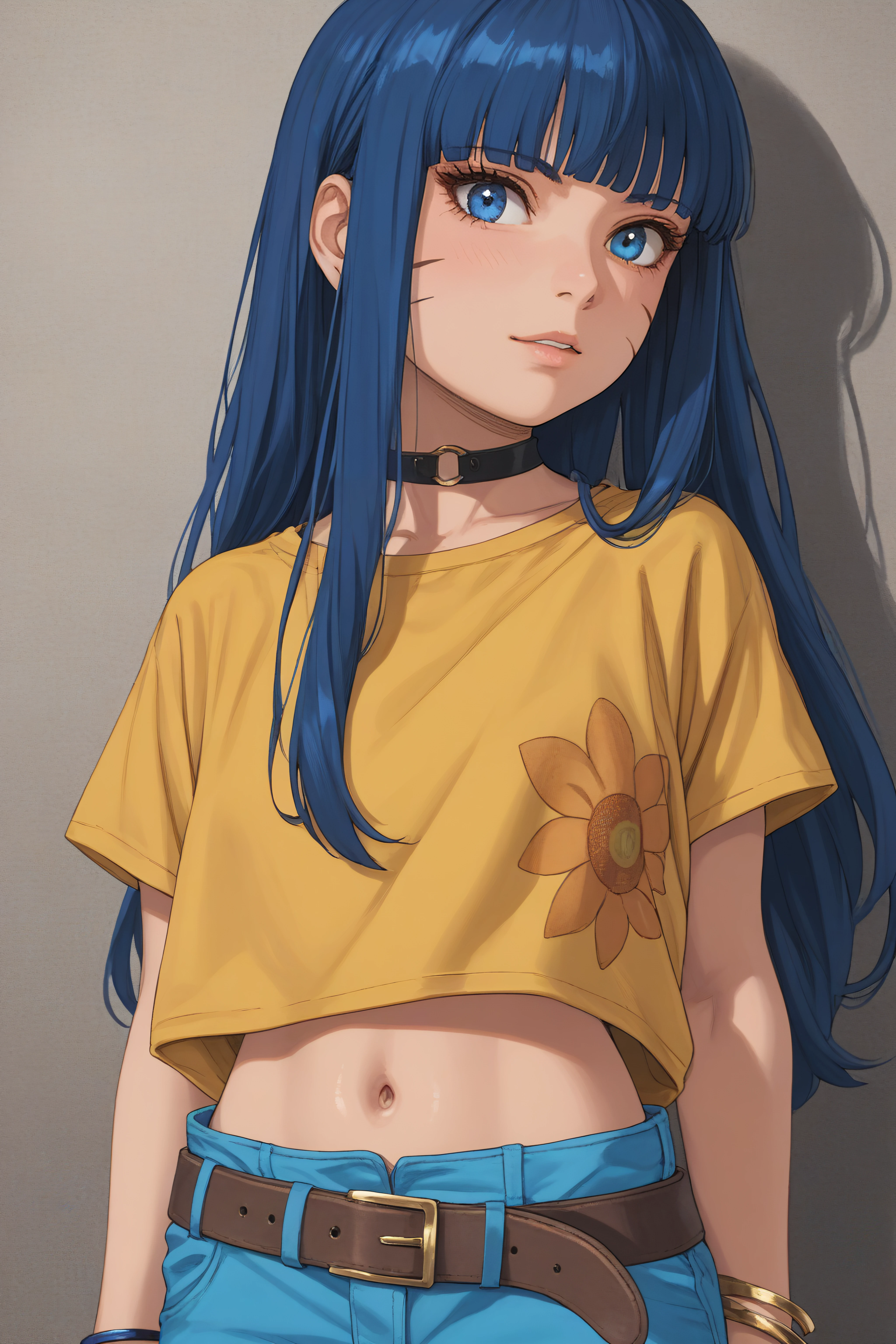 score_9, score_8_up, score_7_up, BREAK source_anime, <lora:Himawari Uzumaki-PonyXL-lora-Faxtron:1> himawari uzumaki, blue eyes, bangs, long hair, facial mark, black choker, yellow shirt, short sleeves, navel, baggy blue pants, belt, bracelet,