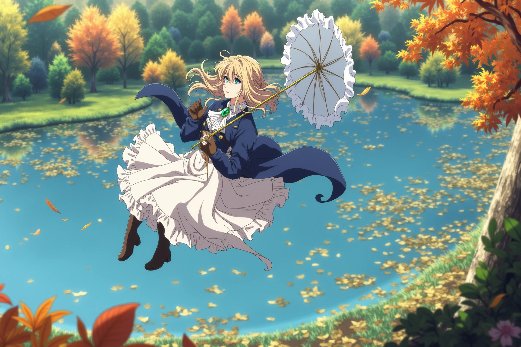 Anime style, sharp, high contrast and highly detailed. Ghibli anime style. Perfect anatomy. Perfect body ratio. No oversized head. No blurry, out of focus pictures. No simple background, no single color background
 <lora:Violet_evergarden_violet_flux_2_2:1> violeteg, blonde,,
She is gracefully floating in mid-air while holding a delicate parasol. The setting appears to be a peaceful, serene landscape with a calm lake reflecting the surrounding autumn foliage. The wind blows leaves through the air, adding a sense of motion and seasonal beauty.
Violet is wearing her signature outfit, which consists of a navy-blue jacket and a full white, white neckpiece with an emerald brooch, flowing dress with a layered skirt that billows in the wind. Her long boots are visible beneath the dress, and the overall outfit adds to the sense of elegance and grace. The parasol she holds is detailed with frills, matching the aesthetic of her dress, and she appears to be effortlessly carried by the wind, capturing a dreamy, almost magical moment in nature. The background enhances the peaceful atmosphere, with a calm lake, trees in fall colors, and a clear blue sky. The image blends serenity with a sense of freedom, as Violet floats amidst the falling leaves. She wears a pair of brown gloves.
Full body, wide angle.