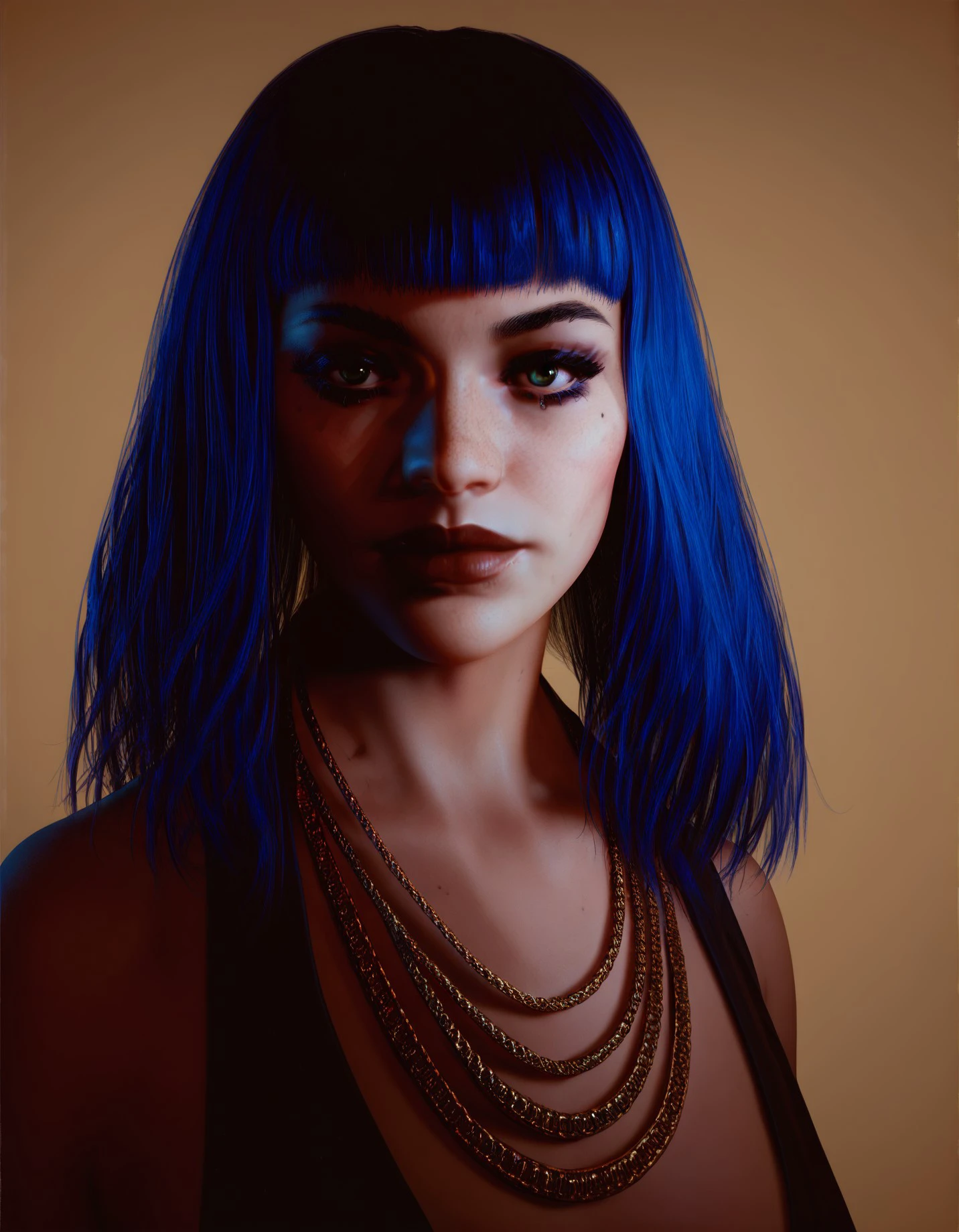 score_9, score_8_up, score_7_up, Rtx Graphics style, 1girl, solo, long hair, looking at viewer, bangs, black hair, jewelry, blue hair, upper body, blunt bangs, necklace, mole, lips