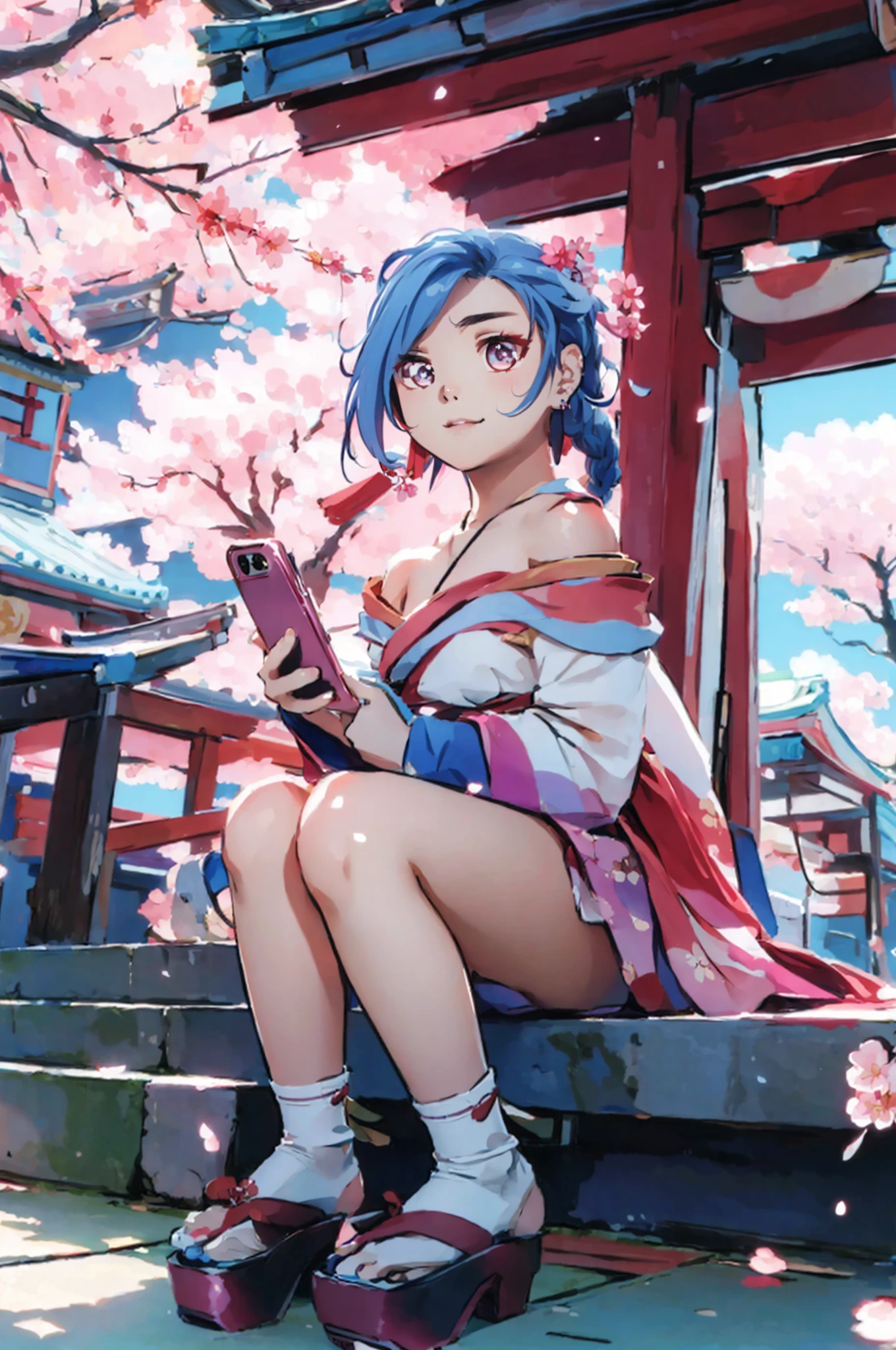 <lora:xinzoruo:1>, (xinzoruo, chibi)
, <lora:airi sakura fubuki aov new:0.8>, airi sakura fubuki, 1girl, solo, long hair, very long hair, blue hair, hair ornament, braid, twin braids, ribbon, hair ribbon, earrings, looking at viewer, pink eyes, lips, flower, bow, jewelry, japanese clothes, ((bare shoulders)), floral print, socks, kimono, print kimono, short kimono, obi, long sleeves, breasts, large breasts, tabi, skirt, pink skirt, geta, platform footwear
, upper body, sitting, ((smartphone, holding smartphone, selfie)), a woman stands taking a selfie, close-up,
, outdoors, sky, day, cloud, shrine, japanese shrine, cherry tree, red shrine, torii, building, japan, cherry blossom petals flying,, best quality, ultra high res, (photorealistic:1.4), masterpiece, real life skin, hyper real