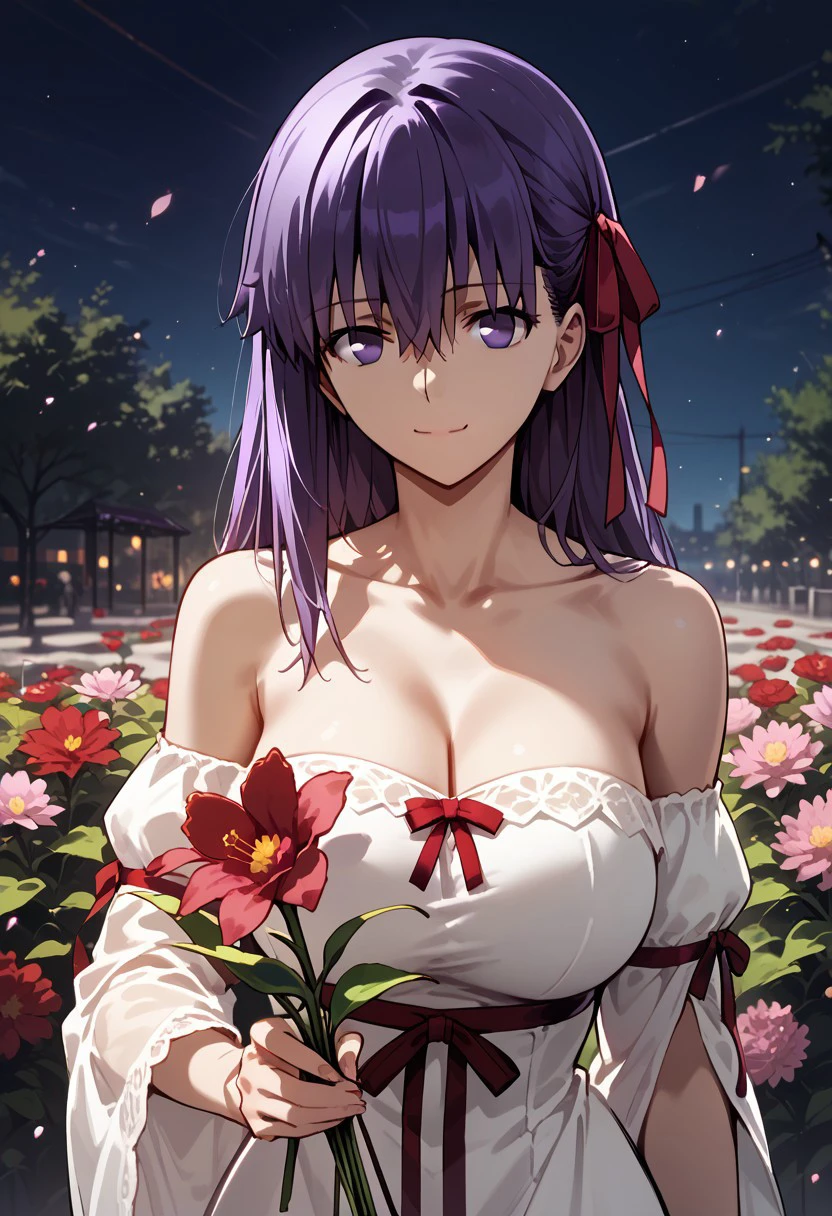 score_9,score_8_up,score_7_up,source_anime, MATOU_SAKURA,1girl,solo,long hair,breasts,looking at viewer,smile,bangs,large breasts,dress,ribbon,holding,hair between eyes,bare shoulders,closed mouth,purple eyes,collarbone,hair ribbon,upper body,purple hair,flower,off shoulder,white dress,official alternate costume,red ribbon,sketch,red flower,pink flower,off-shoulder dress,holding flower,