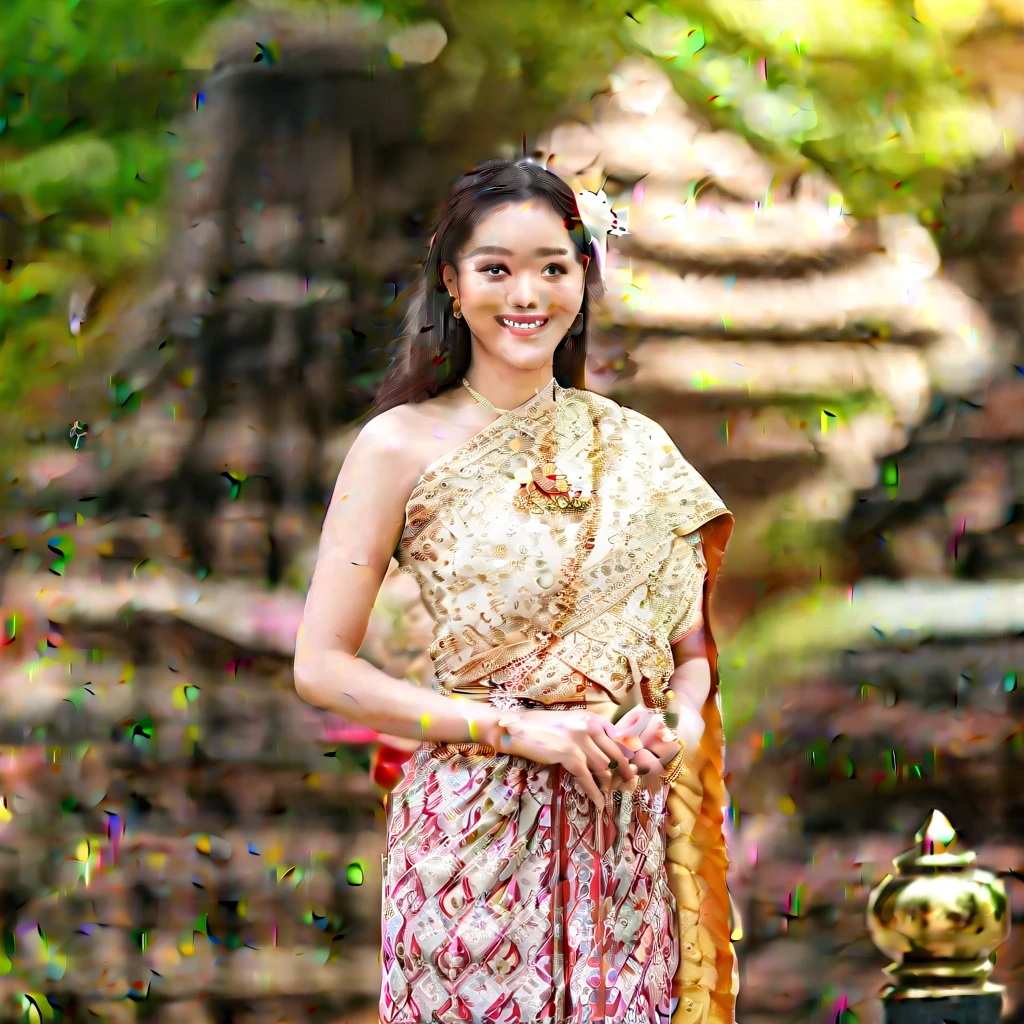 smile, multiple girls, long skirt, long hair, day, sabai, blurry background, ring, period, realistic, white dress, grin, thai, hair flower, standing