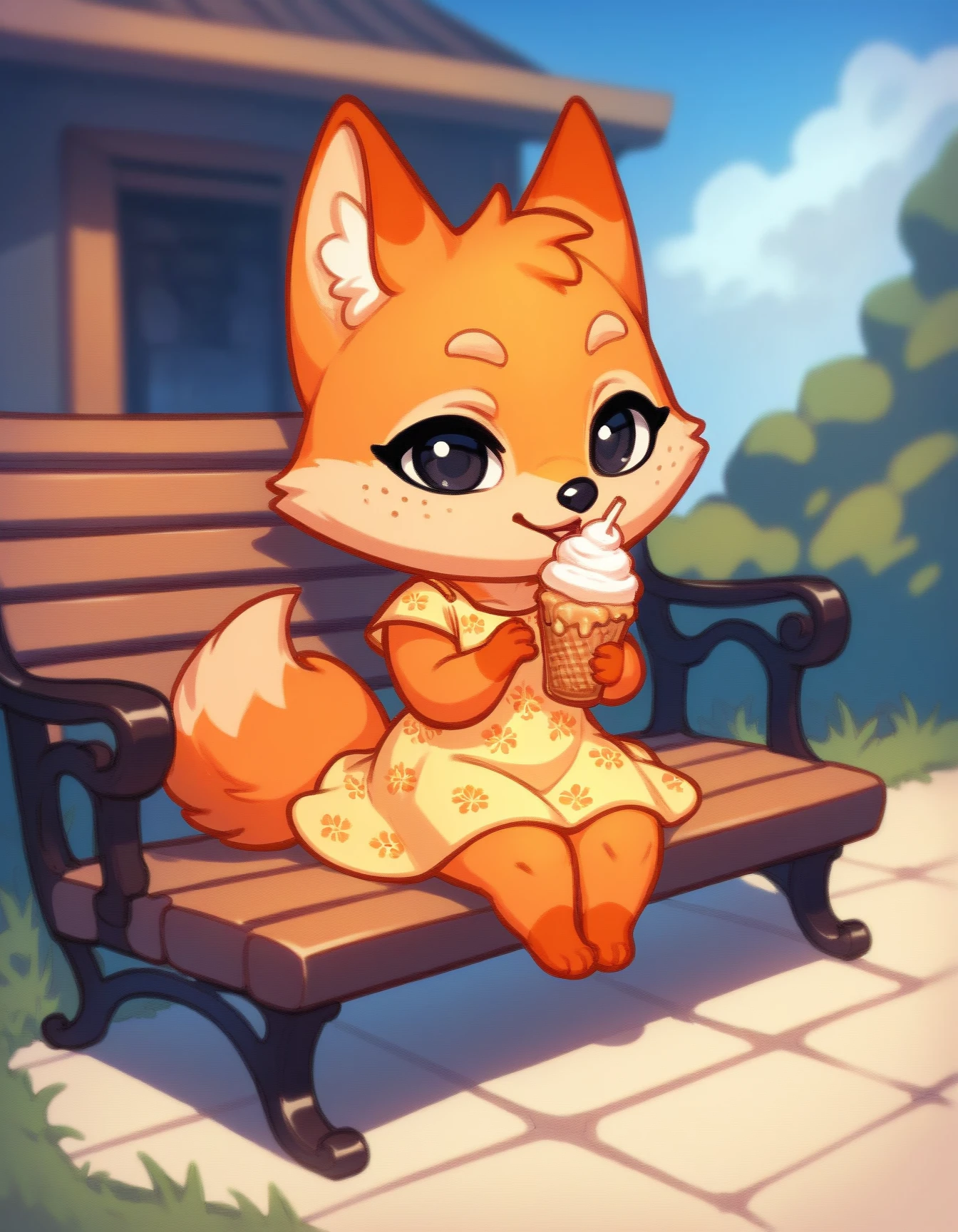 score_9, score_8_up, score_7_up, score_6_up, score_5_up, score_4_up, solo, barefoot, chibi
Party_in_Rus, orange fur, two tone fur, black eyes, tail, yellow dress, light eyebrows, bench, sitting, holding icecream
 <lora:fox_Party_in_Rus'_XL:0.9>