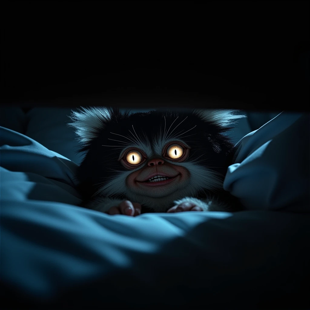 A close-up shot of a Mogwai peeking out from under the bed, lit only by a faint, eerie glow seeping through the cracks. The creature's eyes gleam with mischief as it gazes out into the darkness, its fur fluffed up in alarm. The shadows cast long and ominous on the walls, framing the Mogwai's anxious expression. Movie poster with title " Mogwais ", subtitle " Just when you thought it was safe to turn the lights off"