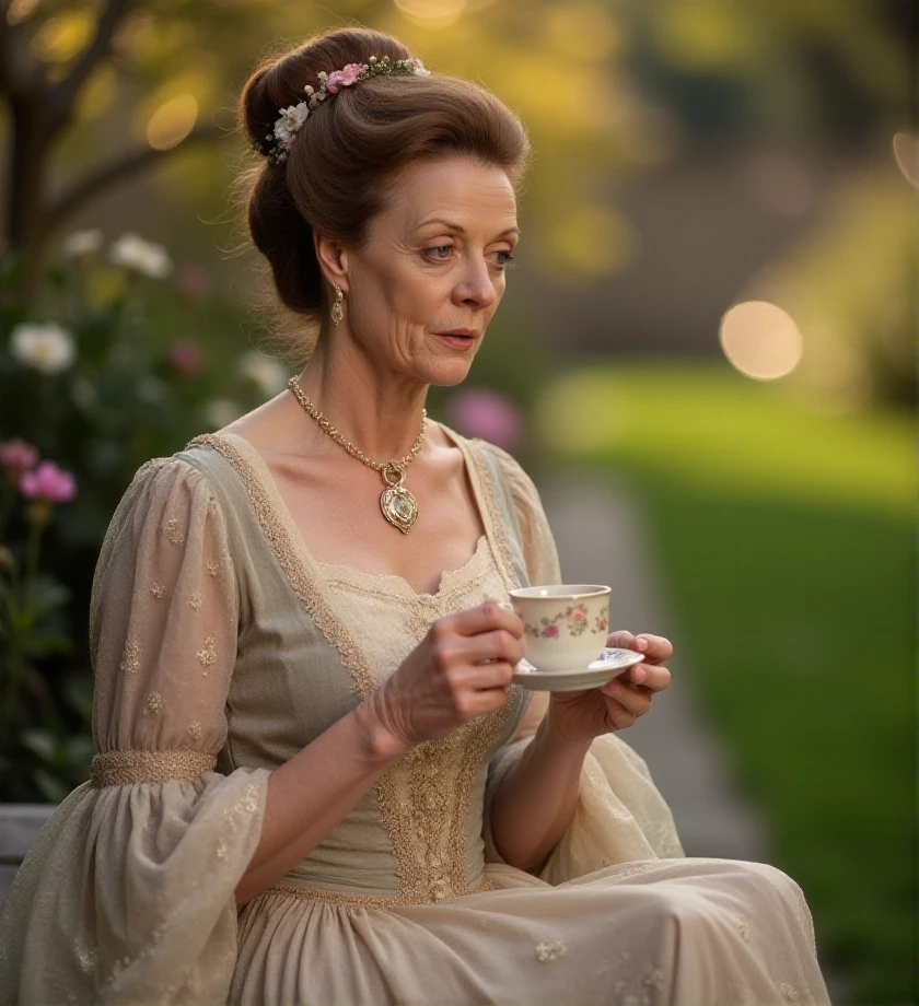 f/2.8 , bokeh,  <lora:minerva-mcgranitt-flux-m3g1s:1.2> m3g1s, ((Victorian dress)), hair decorated with flowers, sitting outside having tea