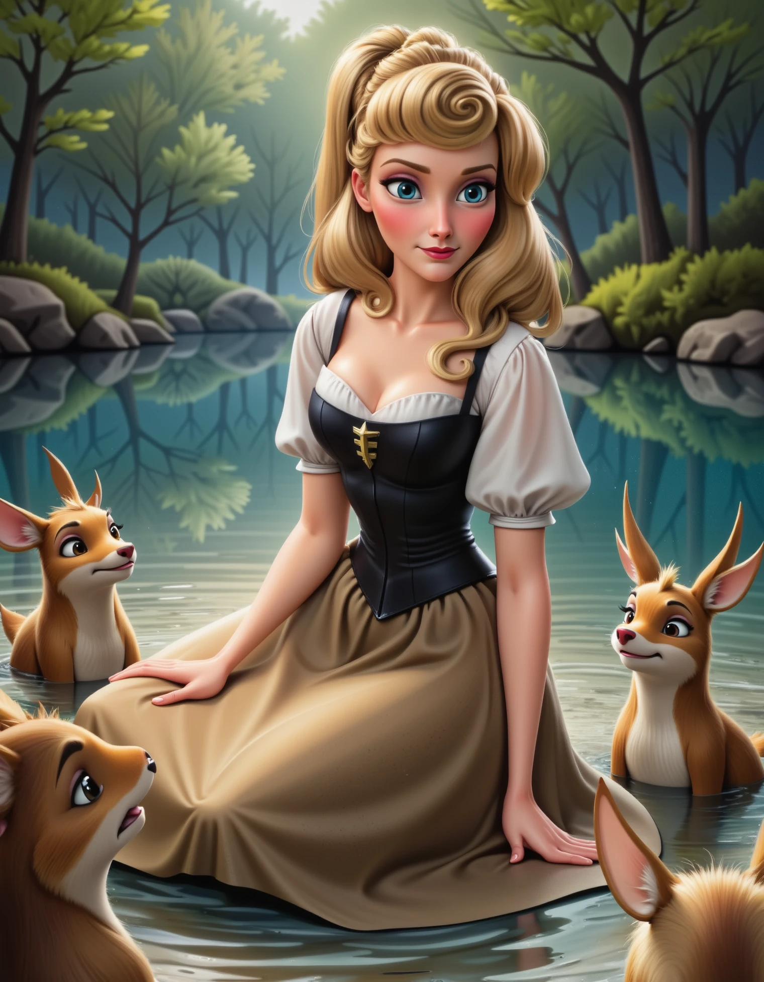 aurora, Briar Rose, peasant aurora in black bodice, Aurora is kneeling by a peaceful riverbank wearing a white blouse with a black bodice on top, her skirt is beige and long. She’s dipping her hand into the clear water, her hair loose and messy, and she’s surrounded by woodland creatures watching her with curiosity, disney style