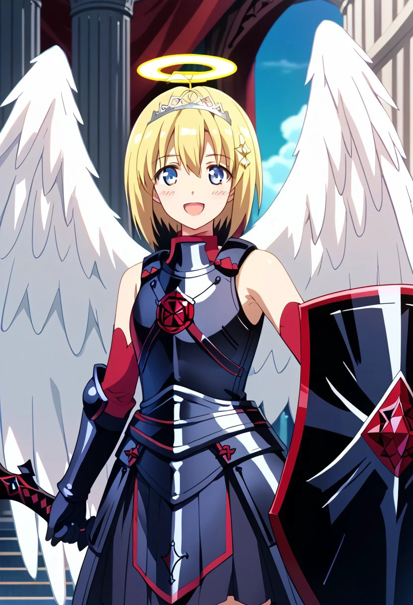 score_9,score_8_up,score_7_up,source_anime, Kaede Honjou (Loving Sacrifice),1girl,solo,looking at viewer,blush,smile,open mouth,gloves,holding,weapon,heart,:d,wings,elbow gloves,sword,holding weapon,armor,tiara,angel wings,shield,angel,pillar,column,