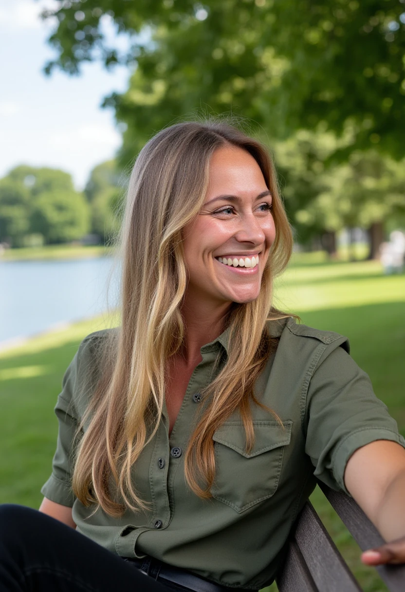 A medium wide photo of sinatkotsch, a woman. She is looking to the left, the photo shows her face in profile. She has long blonde hair. She is laughing. She is wearing a casual shirt and black jeans. She is sitting on a park bench in a park with a lake on a sunny summer day.