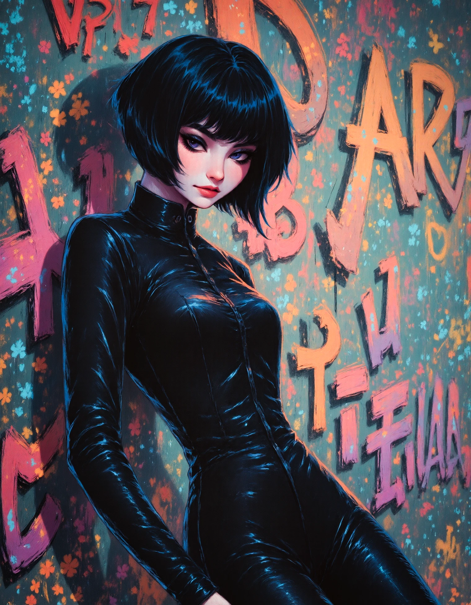 zavy-blckpnt, a digital illustration, a goth girl leaning against a wall full of graffiti, dark makeup