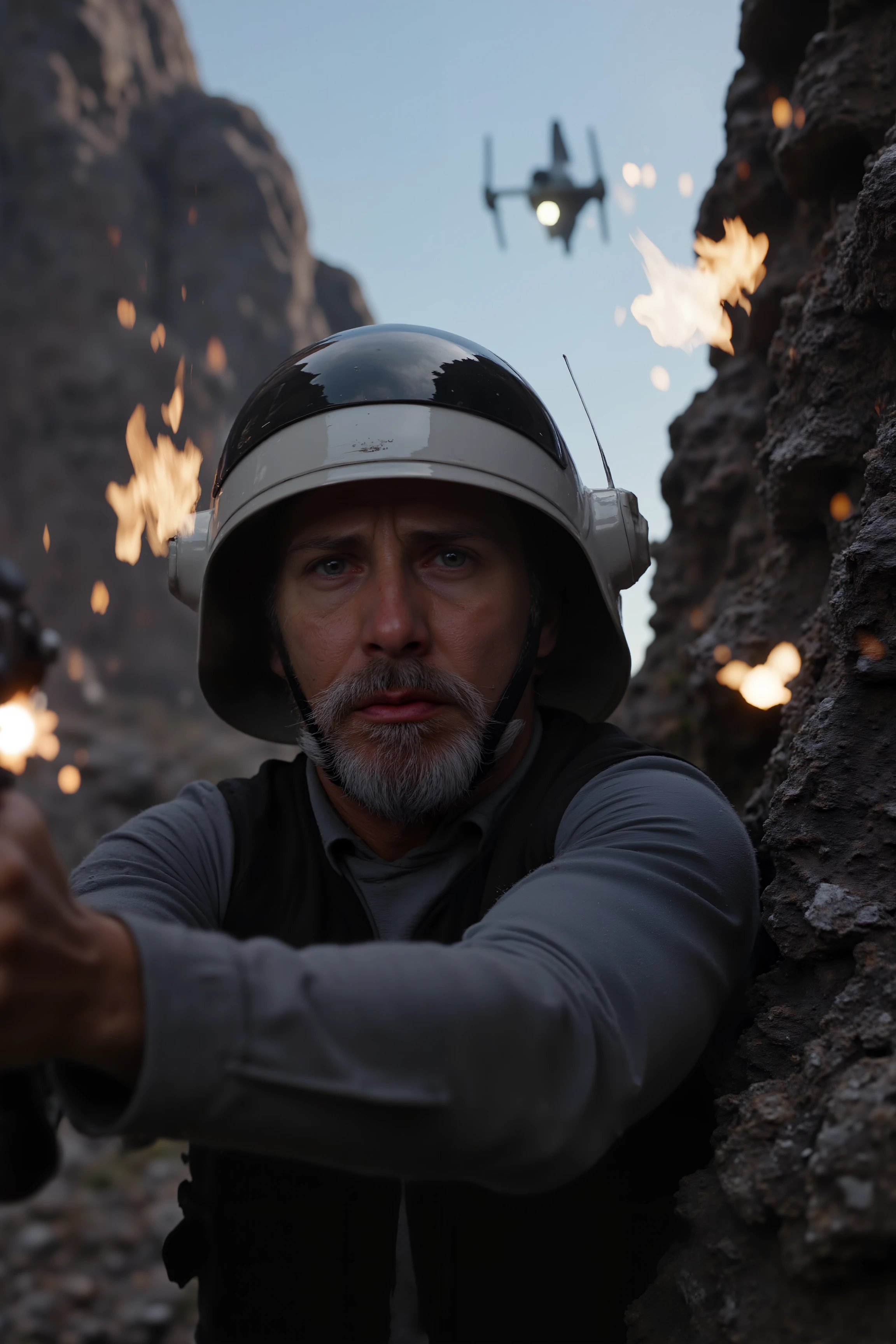 A hyper-realistic close-up of a Rebel Trooper sliding down a steep, rocky incline on a remote, mountainous planet, narrowly avoiding laser blasts that scorch the rock around him. His expression is focused and tense, with sweat streaking down his dirty face. The background shows towering rock formations and jagged cliffs, with distant laser fire from a pursuing TIE Fighter overhead. Realistic rock and dust scatter around him as he descends, with blaster bolts creating bright flashes of light in the dim twilight. His hands grip his blaster rifle as he braces for impact, eyes scanning the horizon for any possible escape route.<lora:REBEL_TROOPER_FLUX><lora:Flux DetailerV2><lora:aidmaMJ6.1-FLUX-V0.1:0.6><lora:Movie_Portrait>