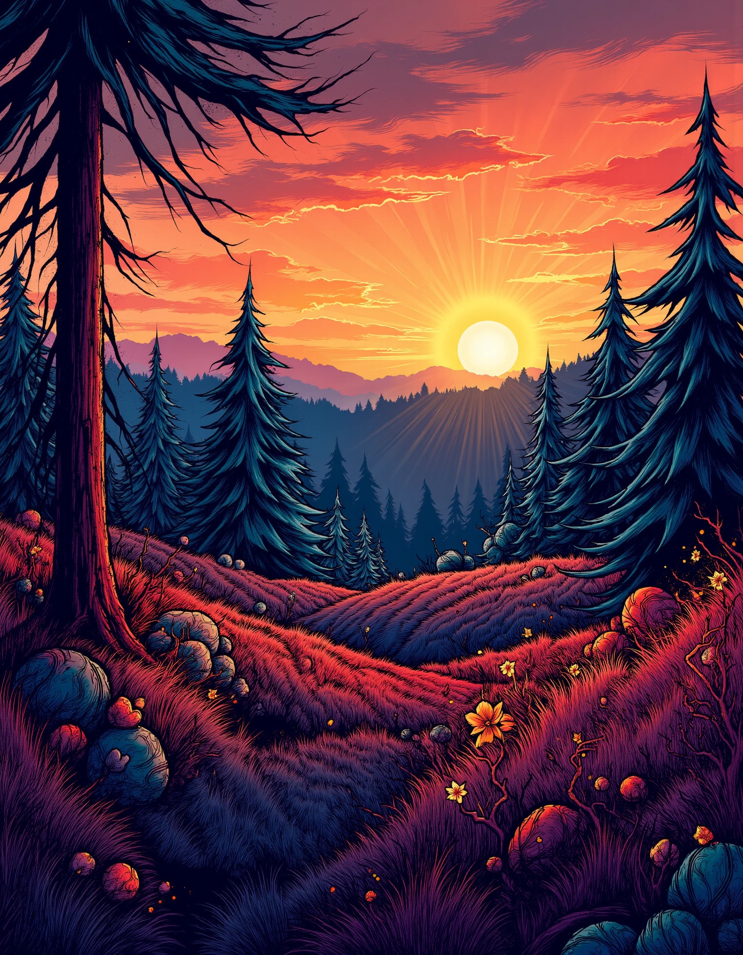 zavy-fltlnpnt, lineart, cel-shaded graphics, landscape of a Moorland, highly detailed, at Twilight, 50mm, gorgeous, background inspired, winning, extremely stylish, modified, dynamic cinematic perfect background, highly contrasted, highly intricate, intense, warm light