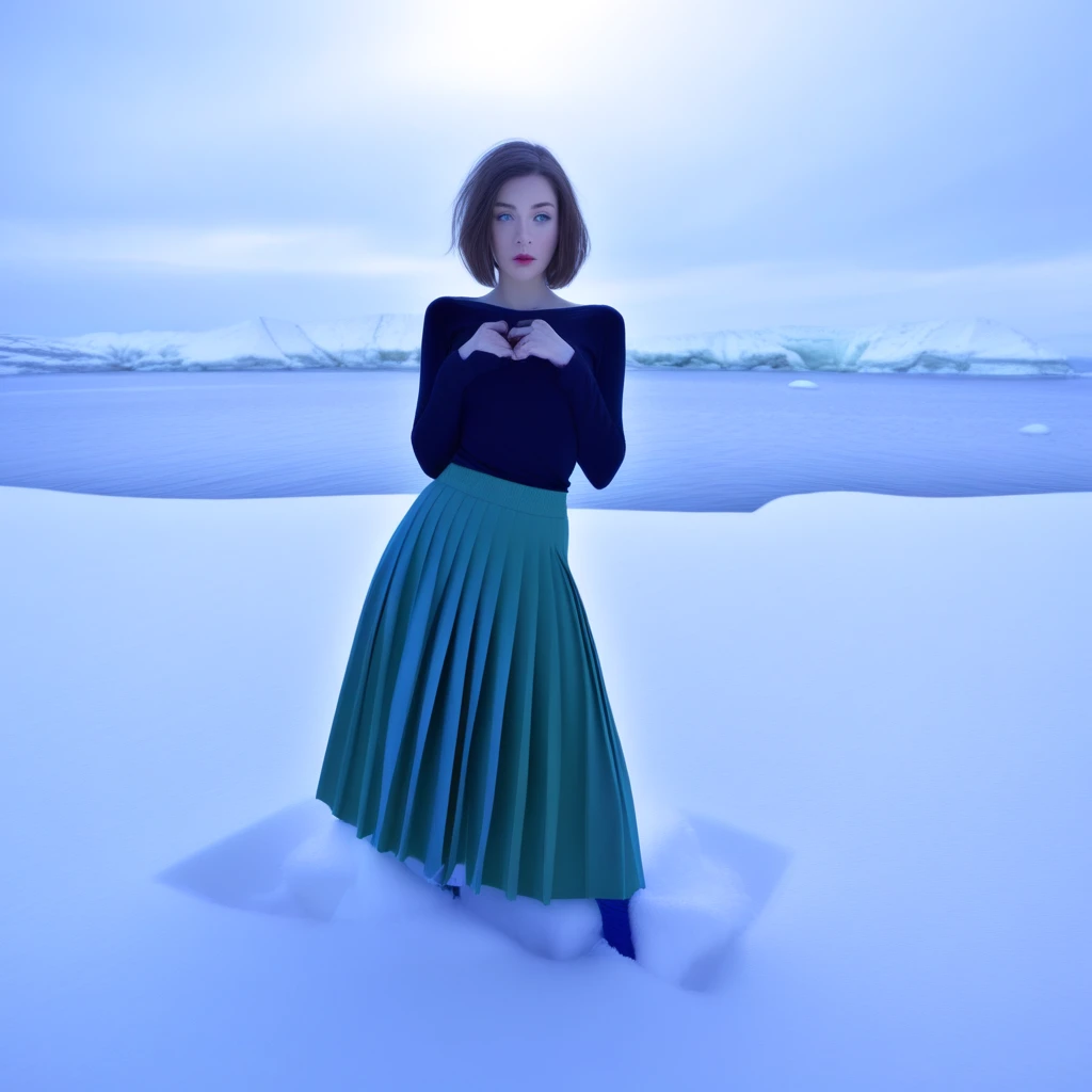 ocean, blue skin, parted lips, pleated skirt, green eyes, monitor, silhouette, snow, pants