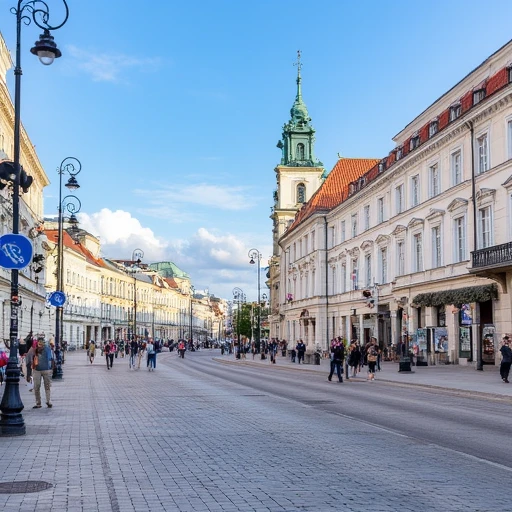 multi-story buildings with white facades and red-tiled roofs. The buildings, Poland, The image is a high-resolution photograph capturing a picturesque street scene in a historic European city, and ornate details, likely taken on a sunny day. The street is paved with grey cobblestones and gently curves to the right, given the "Warszawa" sign visible on the left. The street is lined with elegant, showcasing classical architectural features. The left side of the image features a grand