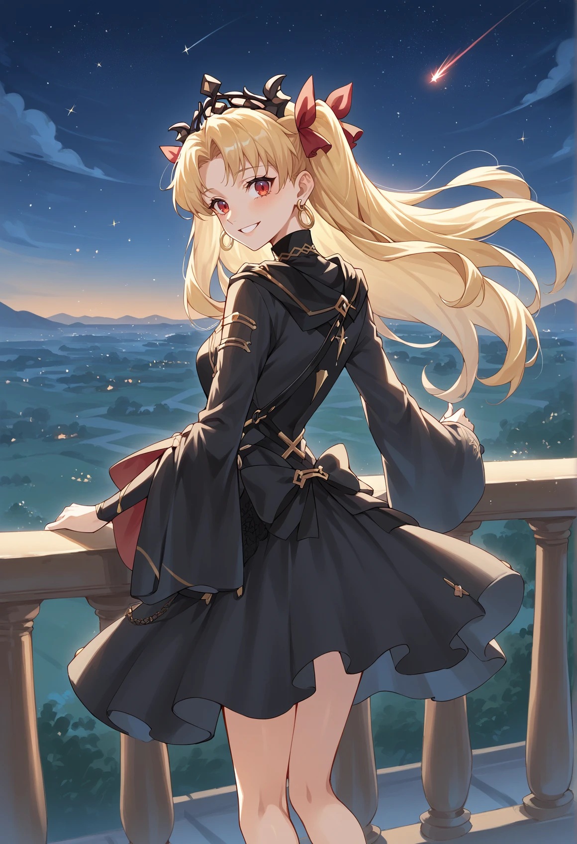 1girl, long hair, blonde hair, twintails, red eyes, hair ribbon, red ribbon, tiara, hoop earrings, jewelry, black blouse, single thighhigh, black skirt, long sleeves, wide sleeves, balcony, night sky, pointing up, shooting star, looking at viewer, from behind, smile  <lora:Ereshkigal:1>, score_9, score_8_up, score_7_up, score_6_up, score_5_up, score_4_up, BREAK source_anime, masterpiece