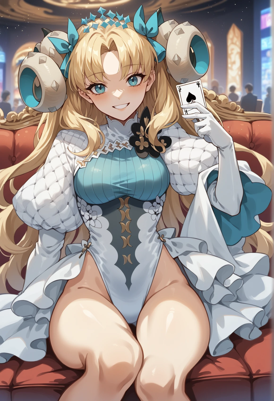 1girl, aolo, long hair, blonde hair, twintails, blue eyes, horns, leotard, long sleeves, puffy sleeves, white gloves, asymmetrical legwear, sitting, indoors, casino, couch, smile, holding card  <lora:Ereshkigal:1>, score_9, score_8_up, score_7_up, score_6_up, score_5_up, score_4_up, BREAK source_anime, masterpiece