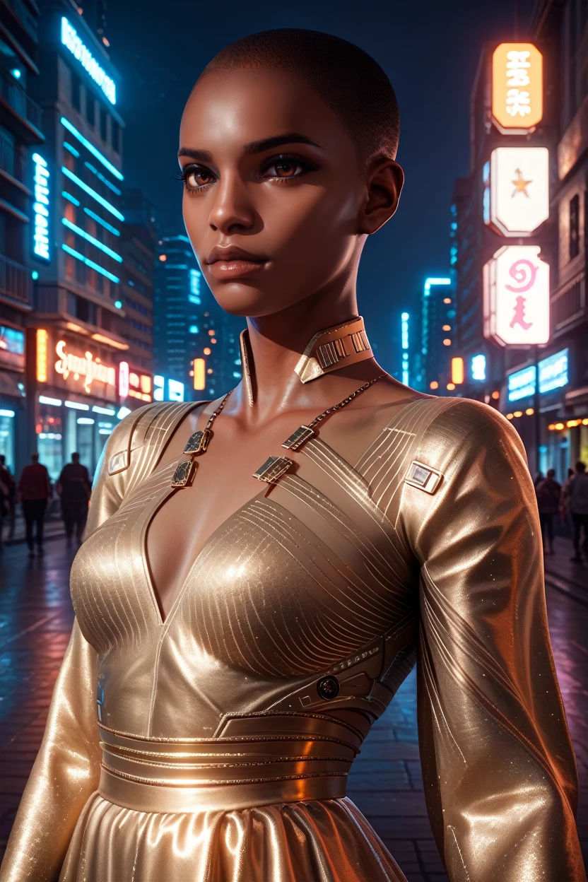 score_9, score_8_up, score_7_up, score_6_up
<lora:CyberTBug:0.8>
CyberTBug, 1girl, dark skin, buzz cut, brown eyes, looking at viewer, three-quarter portrait of a fashion model, high fashion couture dress, neon lighting, urban cityscape at night