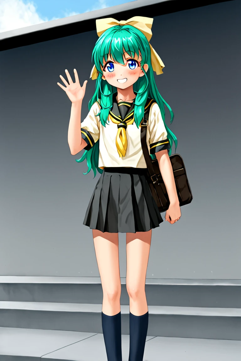 <lora:_sdxl-bbabaka-pony:0.8> bbabaka, standing, open hands, hands on face front, solo, full body, 1girl, shout, open mouth, jumper dress , navy  mini  pleated skirt, black  vest , high socks, work boots , navy school bag, bag charm, bag charm, bag charm