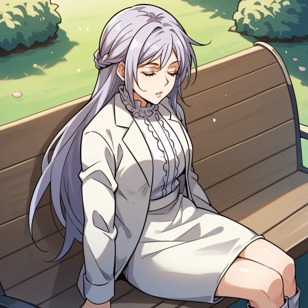 score_9_up, score_8_up, score_7_up, source_anime, 1girl, solo, Mu_Ningxue, sun light, pillars, sitting on bench, from side, from above, hands on lap, foreshortening, reclining, closed eyes, sleeping, relaxed, parted lips, white footwear, boots, light purple hair, long hair, purple eyes, white sleeves, long sleeves, collared shirt, frilled collar, frilled shirt, white shirt, white skirt, pencil skirt, coat, white coat,  mature body, dynamic cowboy shot, outdoors, garden background