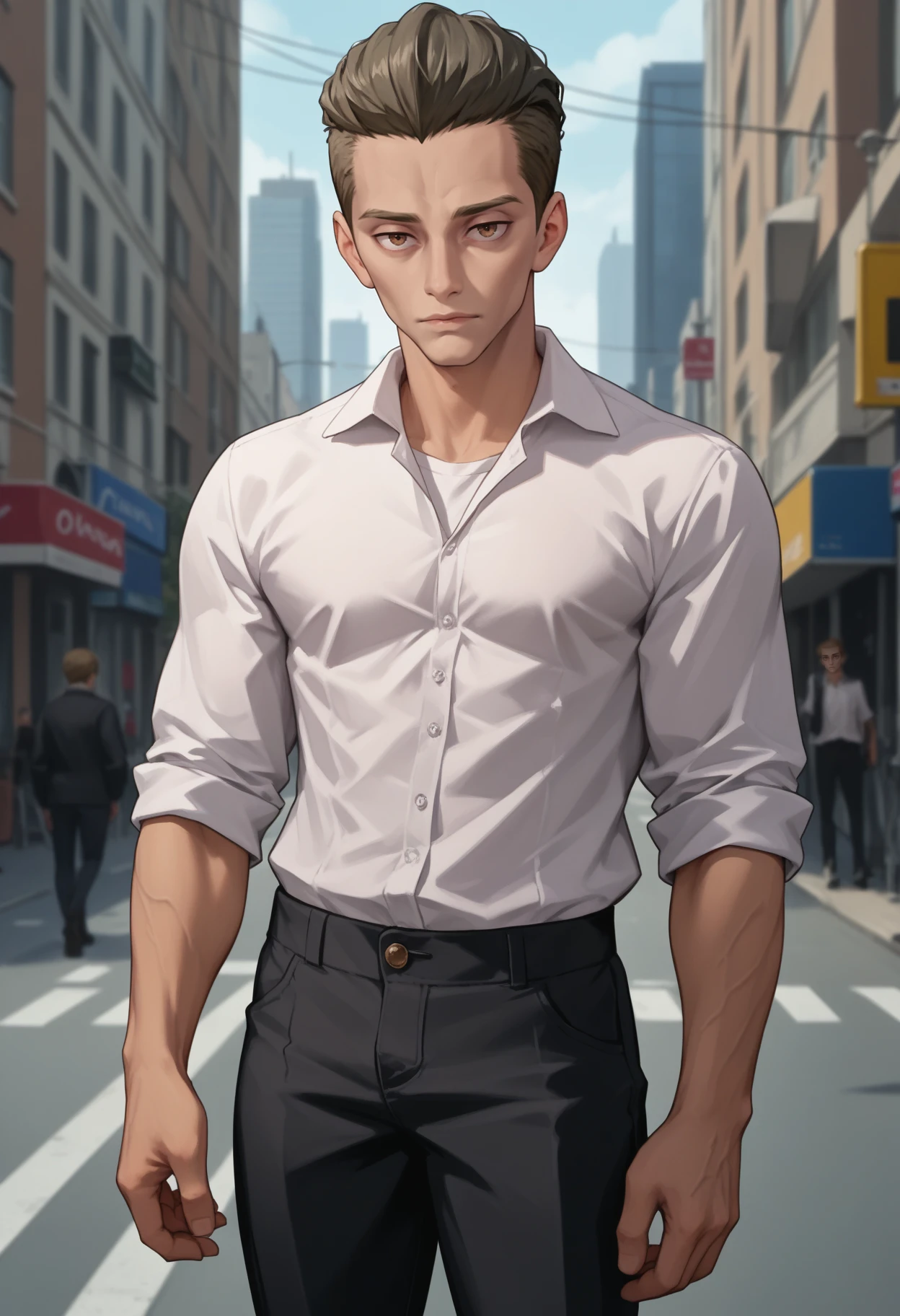 score_9, score_8_up, score_7_up, source_anime BREAK male focus, <lora:oswald-nikke-richy-v1_pdxl:1>, solo, oswald, brown eyes, black hair, hair slicked back, short hair, white shirt, black pants, looking at viewer, closed mouth, standing, city, wrinkled skin