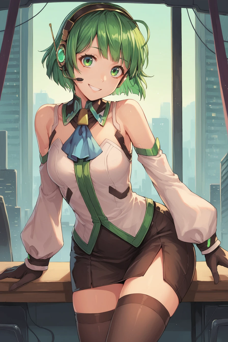 (score_9, score_8_up, score_7_up), source anime,  <lora:Lin:0.7> , lindef, 1girl, solo, green hair, short hair, green eyes, hairband, headset, antennae, radio antenna, blue ascot, bare shoulders, vest, white vest, white shirt, shirt, collared shirt, sleeveless shirt, green trim, gloves, black gloves,  skirt, black skirt, pencil skirt, detached sleeves, white sleeves, thighhighs, black thighhighs, smile, ((face, close-up)), BREAK
indoor, office, cyberpunk,  <lora:StS_detail_slider_v1PonyXL:2.5> <lora:m31d0n0XLP:0.6> , m31d0n0,