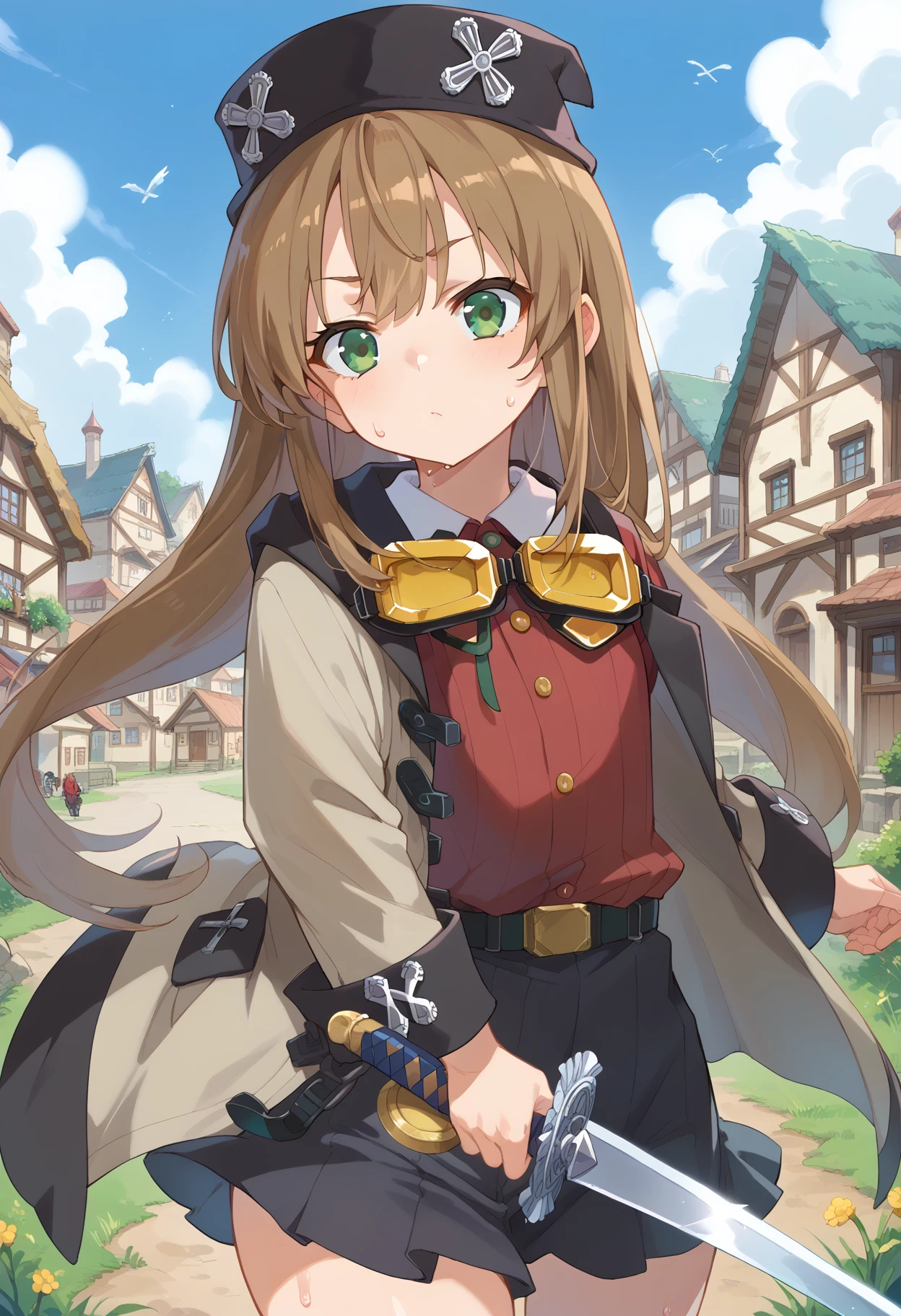 score_9, score_8_up, score_7_up, source anime, el mofus, long hair, green eyes, brown hair, red shirt, black headwear, black pleated skirt, belt, goggles around neck, brown coat, sweat, holding sword, sky, town, grasslands