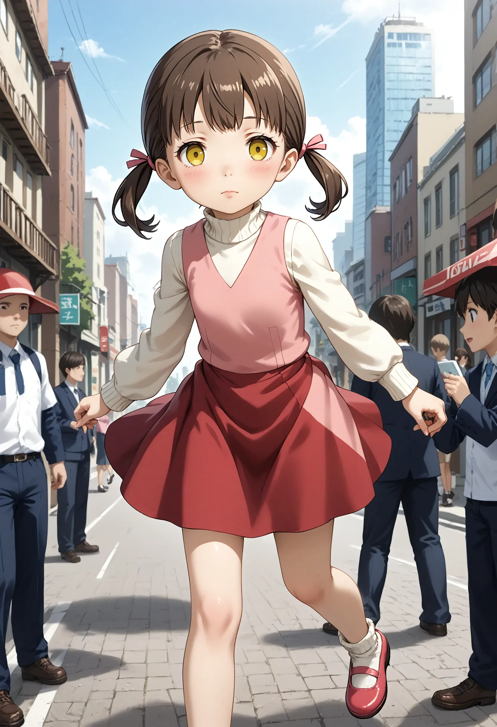 <lora:Hyper-SDXL-8steps-lora:1> <lora:Fixhands_anime_bdsqlsz_V1:1> zPDXL2, score_9, score_8_up, score_7_up, source_anime, intricate details, perfect anatomy BREAK
outdoors, city, tokyo, japan, audience, crowd, levitation, floating, motion blur, sky, in the air, expressionless, 1girl, solo, solo focus,
<lora:P4-doujima_nanako_XL(pony)v10:1> p4-shadow_nanako, brown hair, low twintail, yellow eyes, empty eyes, p4-nanako outfit, pink dress, white sleeves, red skirt, white socks, red shoes,