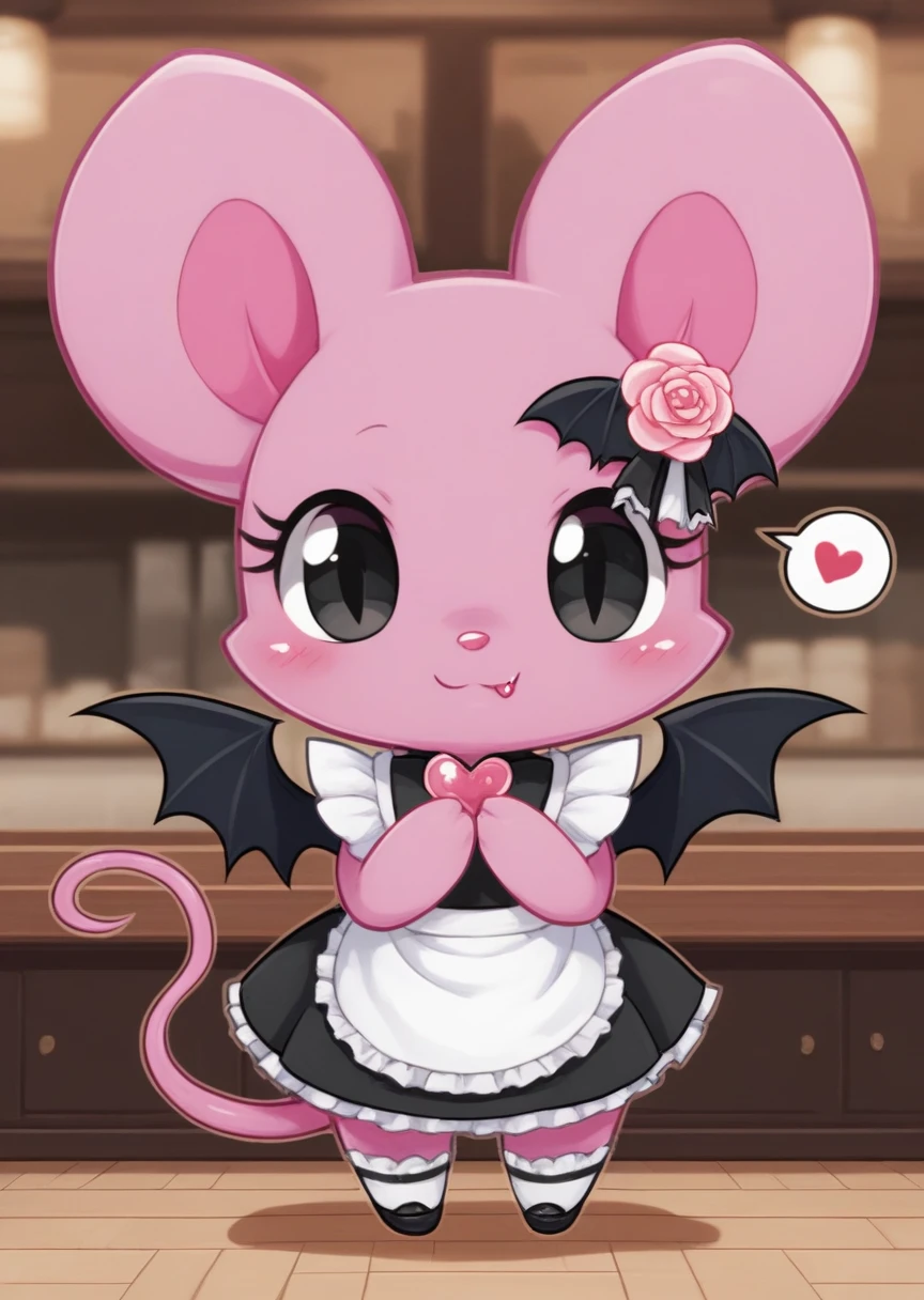 score_9, score_8_up, score_7_up, score_6_up, score_5_up, BREAK
Debi, anthro, female, 1girl, blush, bat wings, furry, wings, furry female, closed mouth, cafe, hair ornament, flower, pink skin, colored skin, hair flower, animal nose, fang, black eyes, maid uniform, happy, smile, spoken heart, :p, tongue out, spoken heart, full body, mouse tail, chibi