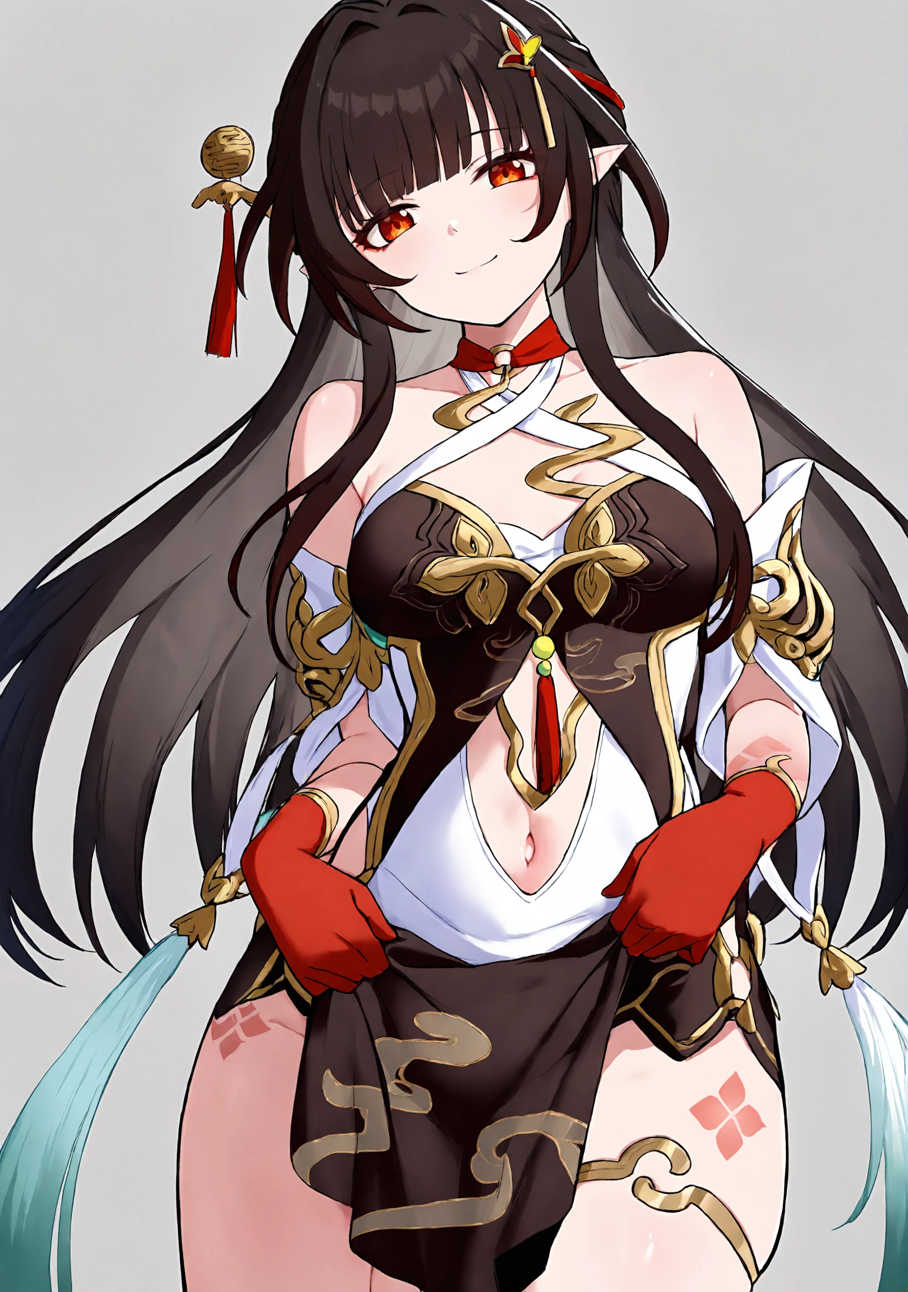 <lora:lingsha-illustrious-000030:1>,masterpiece,best quality,2023,2024,8K,absurdres,amazing quality,
lingsha (honkai: star rail),1girl,solo,halterneck,long hair,black hair,hair ornament,hair intakes,red eyes,pointy ears,jewelry,chinese clothes,detached sleeves,red gloves,bare shoulders,navel cutout,china dress,tattoo,leg tattoo,thigh strap,red thighs,
cowboy shot,grey background,smile,