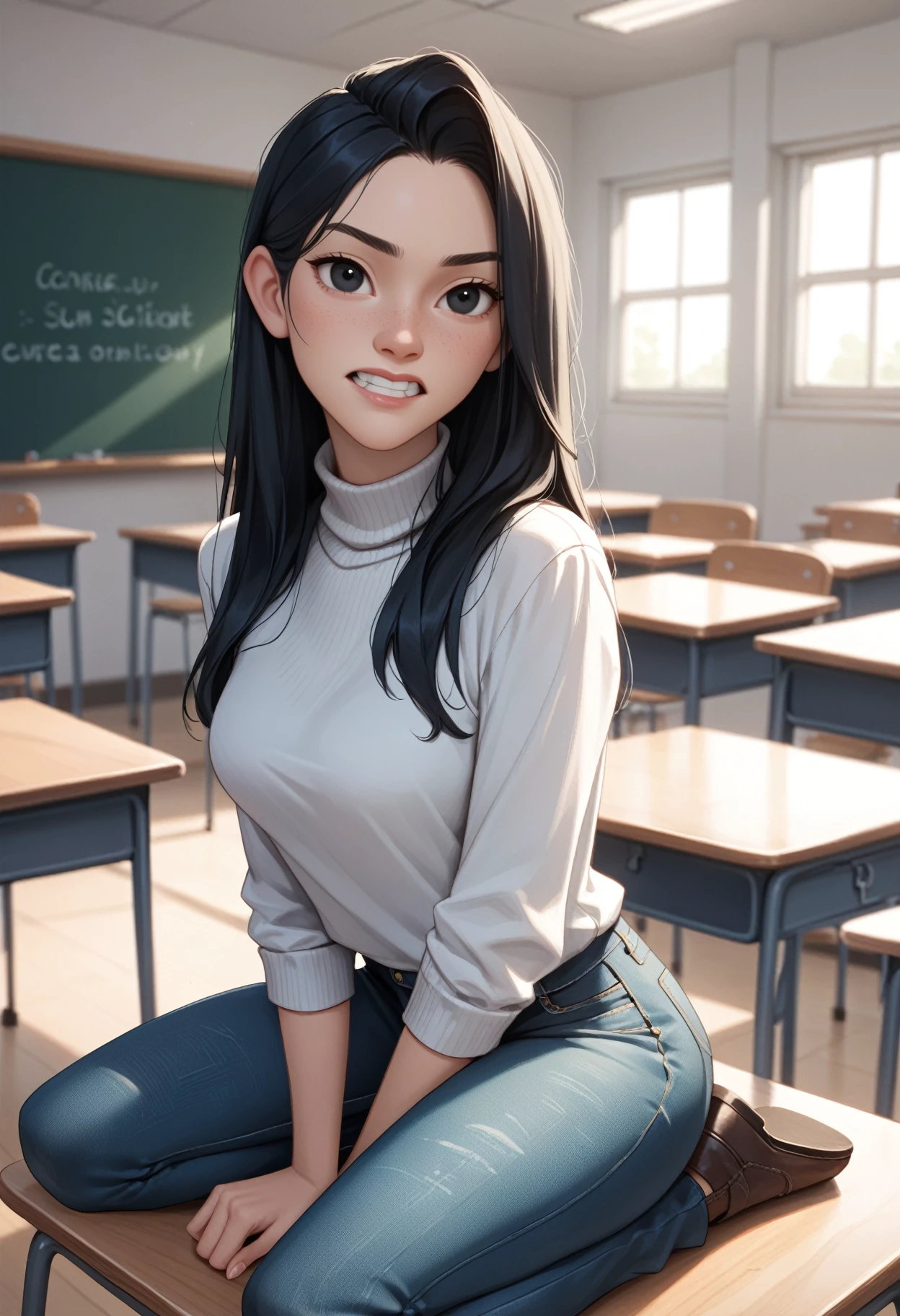 zPDXL3, score_9, score_8_up, score_7_up, score_6_up, score_5_up, score_4_up, 
1girl, solo, medium breasts, 
clenched teeth, kneeling,
turtleneck, jeans, 
classroom,
<lora:Coral Island - Lily:0.6> cilily, black hair, long hair, black eyes,