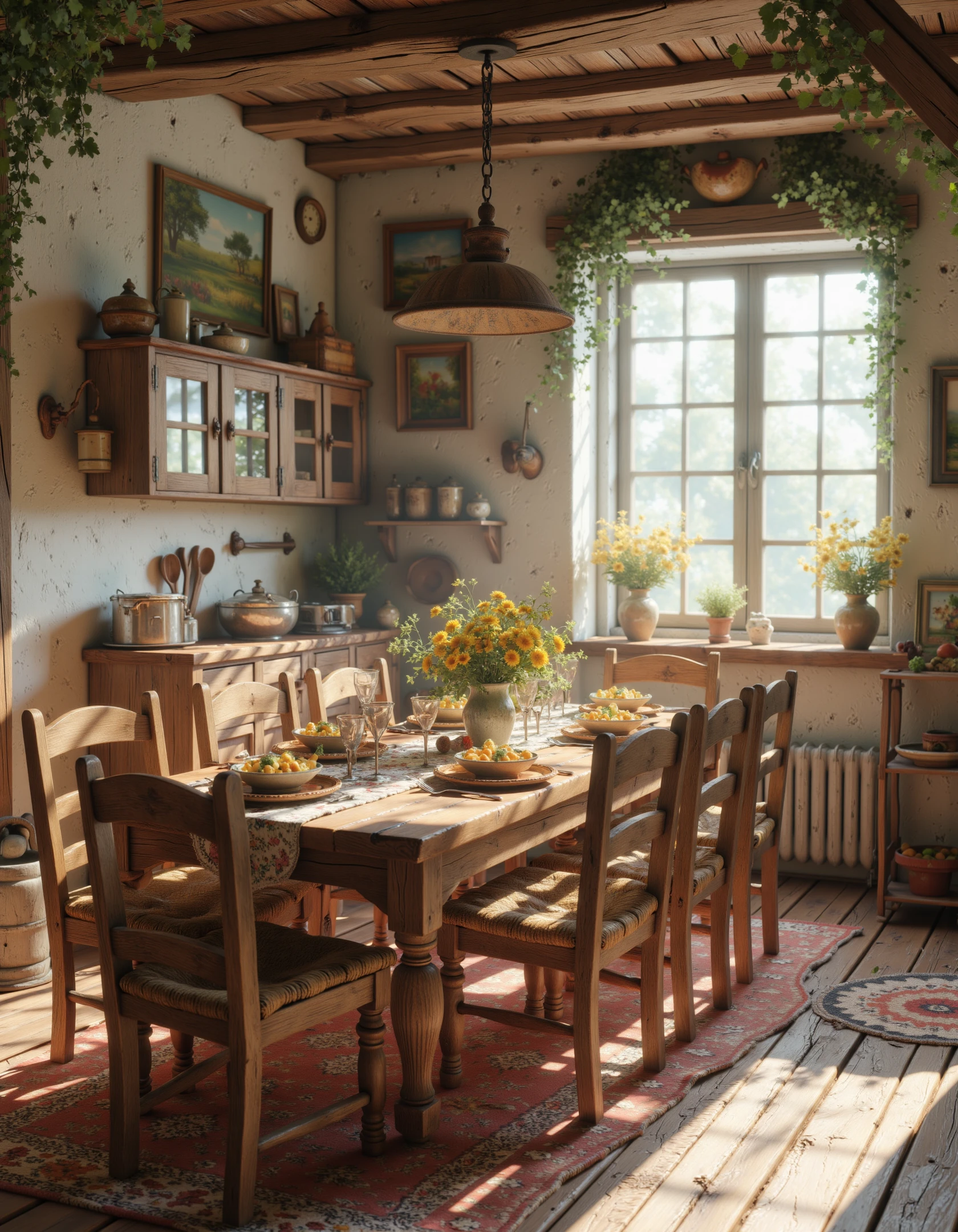 a stunning photograph of a cute scene, Dining Room - Quaint with a long wooden table and floral arrangements.. <lora:Cottagecore_Flux:0.8> c0ttagec0re