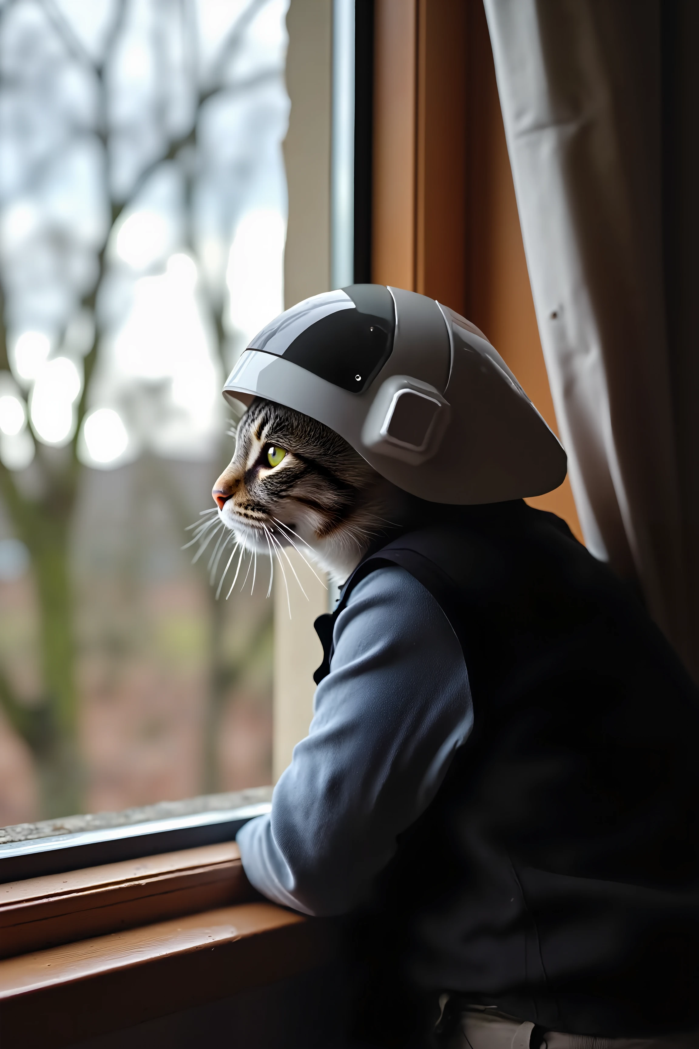 a cat in Rebel Trooper uniform looking out of the window.<lora:REBEL_TROOPER_FLUX:1.05><lora:Flux DetailerV2:1.0>