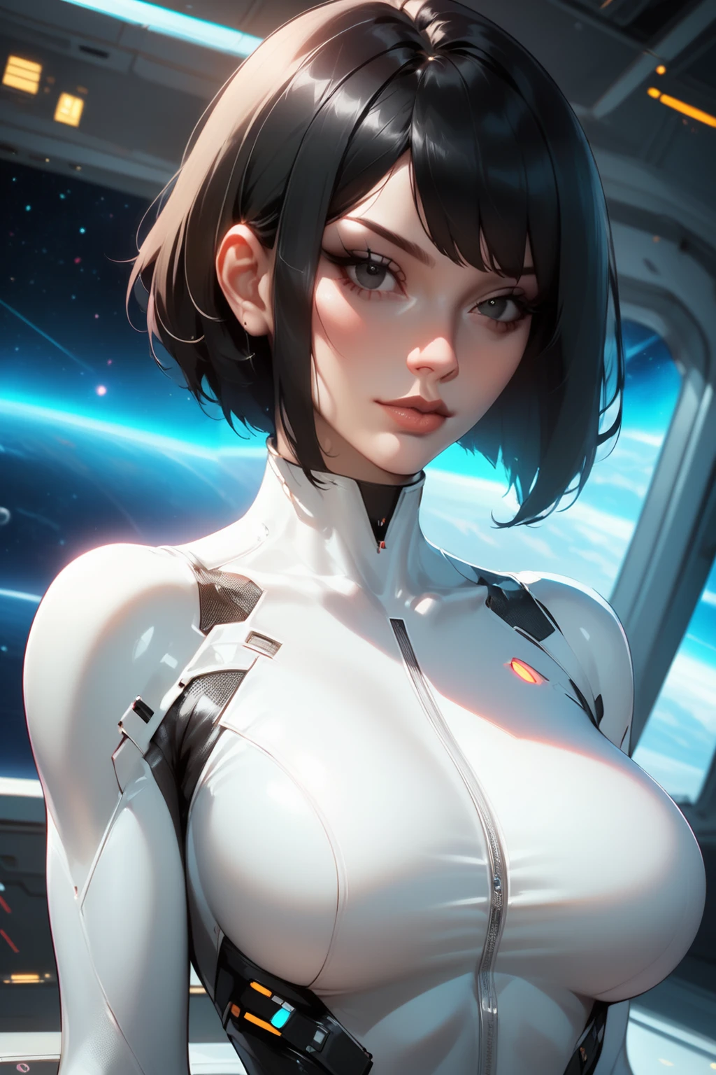 score_9, score_8_up, score_7_up, sexy woman in a spaceship, 
<lora:SXZ_-_Niji_Render_Style:0.9> nijistyle,
indoors, space ship interior, glowing screens, 
1girl, solo, looking at viewer, upper body, 
short hair, black hair, straight hair, bangs, black eyes, 
white bodysuit, skintight, futuristic, 
large breasts